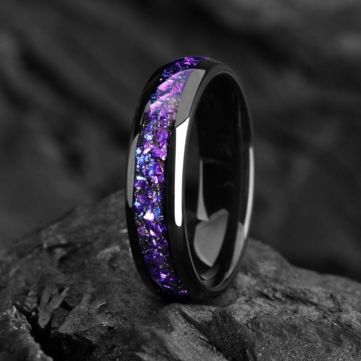 Engraved Wedding Black Rings Unusual Galaxy Alexandrite Band