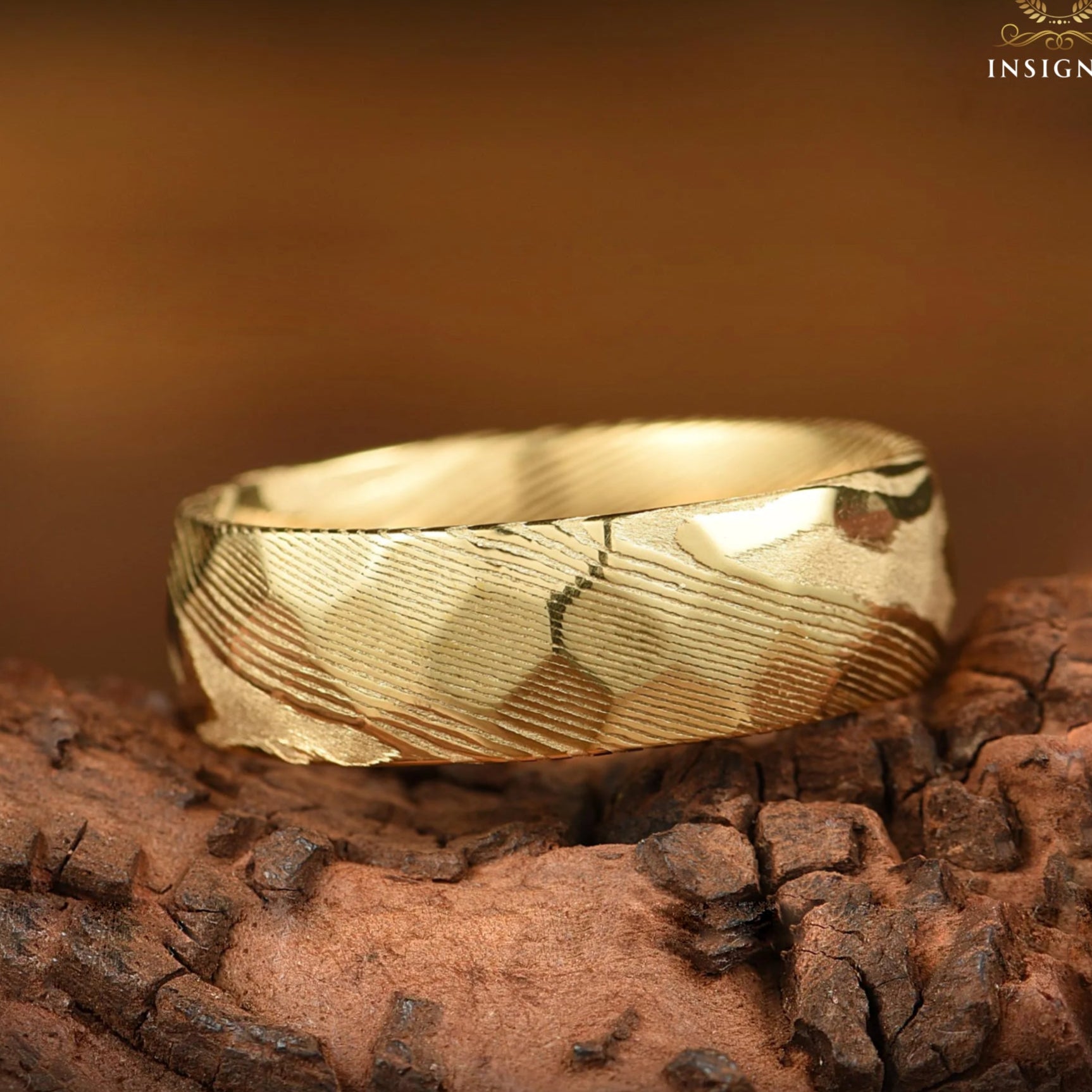 Engraved Mens Wedding Gold Band Handcrafted Damascus Steel