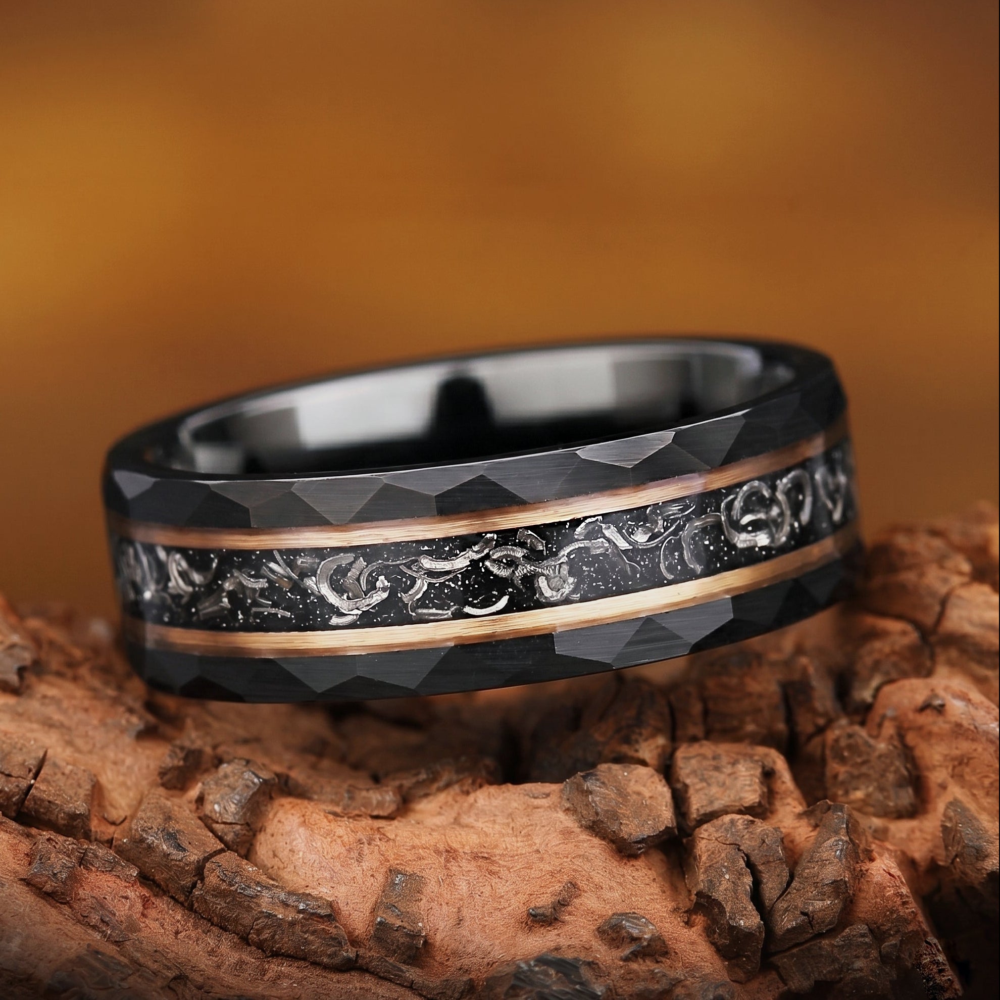 Wedding ring men hammered black band with meteorite inlay main view
