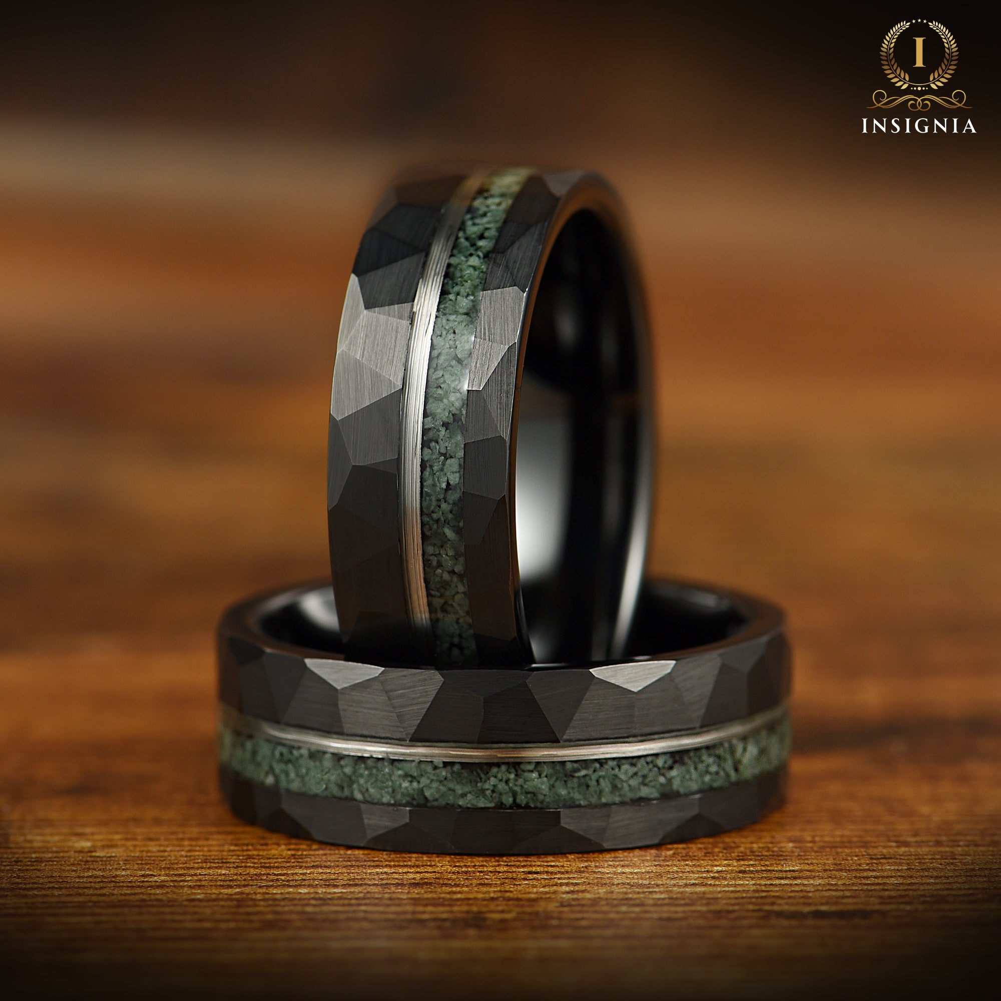 Wedding ring mens hammered black tungsten band with moss agate inlay main view
