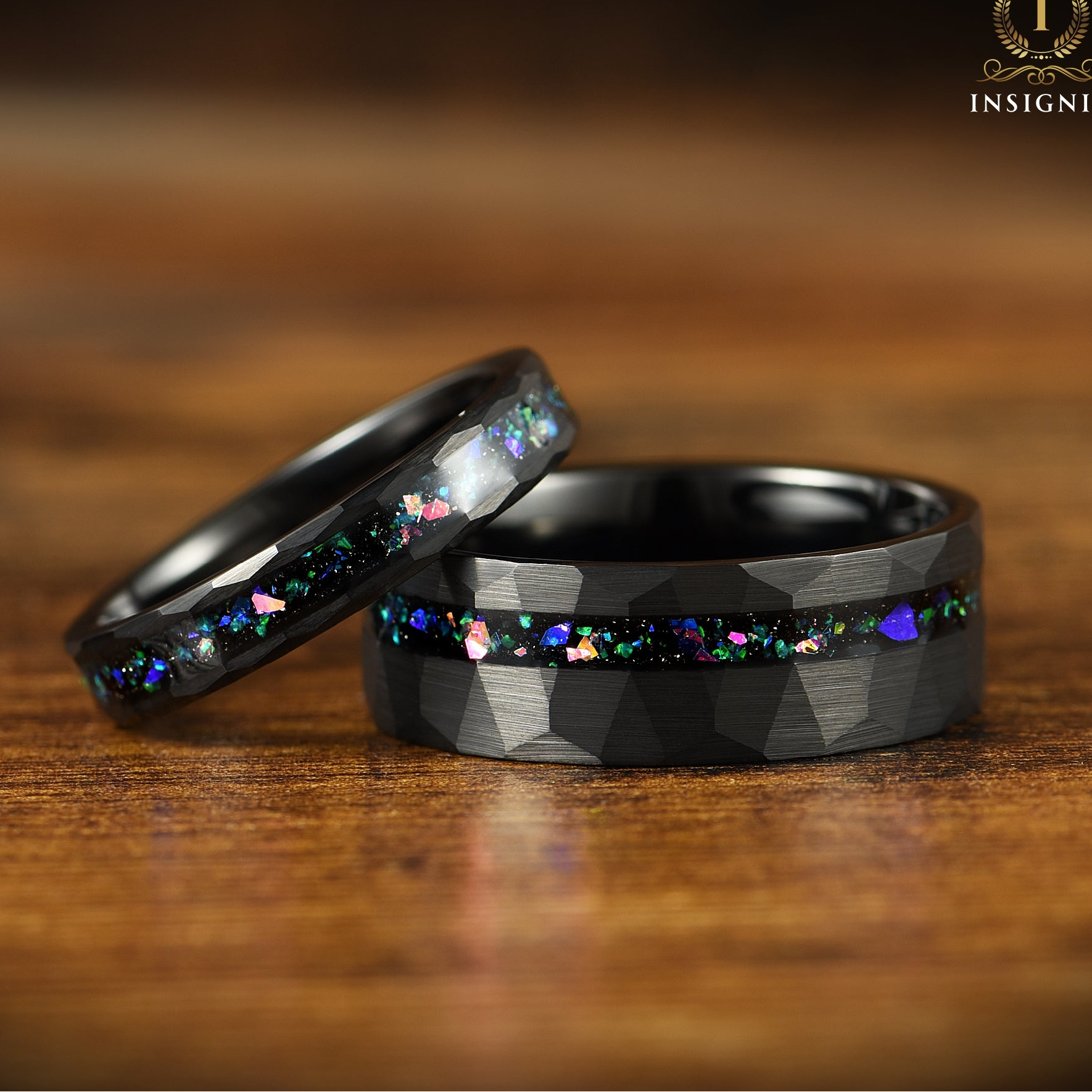 Wedding ring set with helix nebula inspired inlay and black tungsten finish