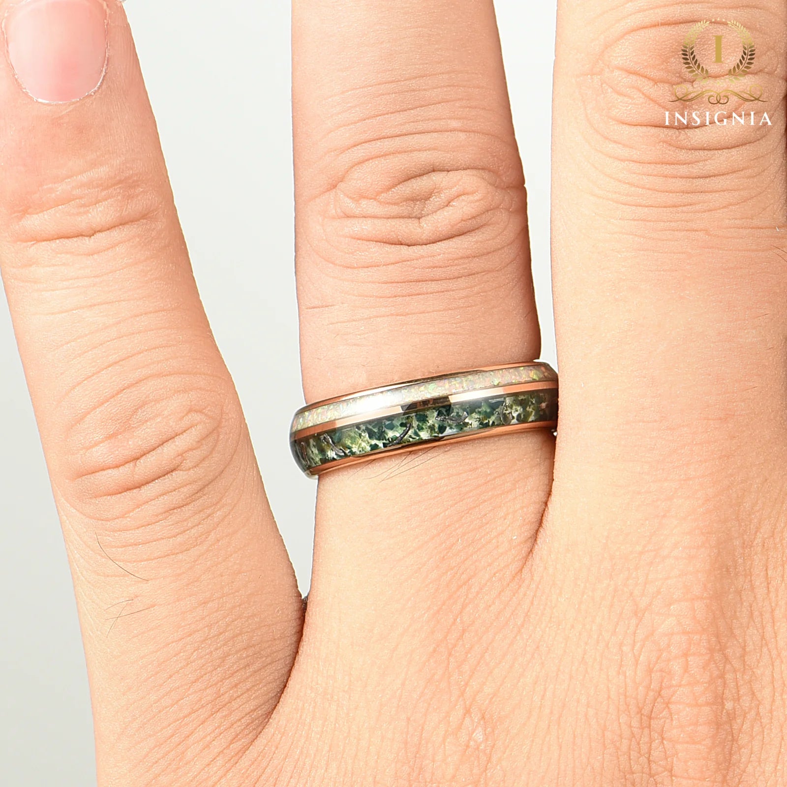 Wedding Ring Women Moss Agate Hand View