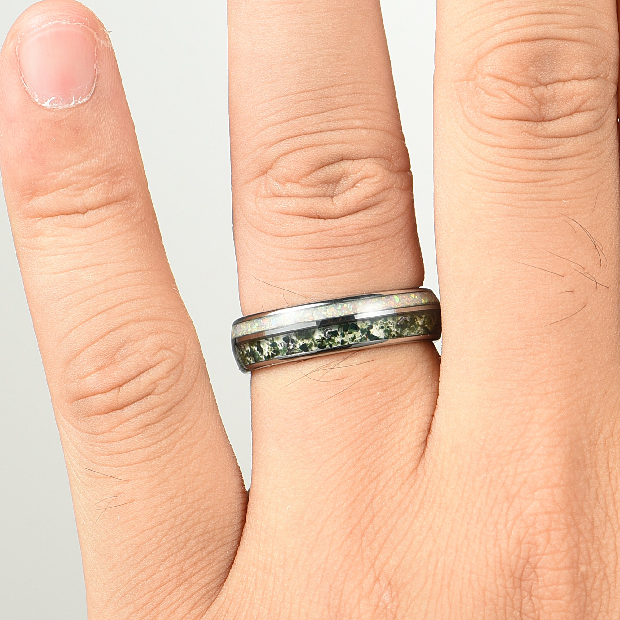 Wedding Rings Female Moss Agate Hand View