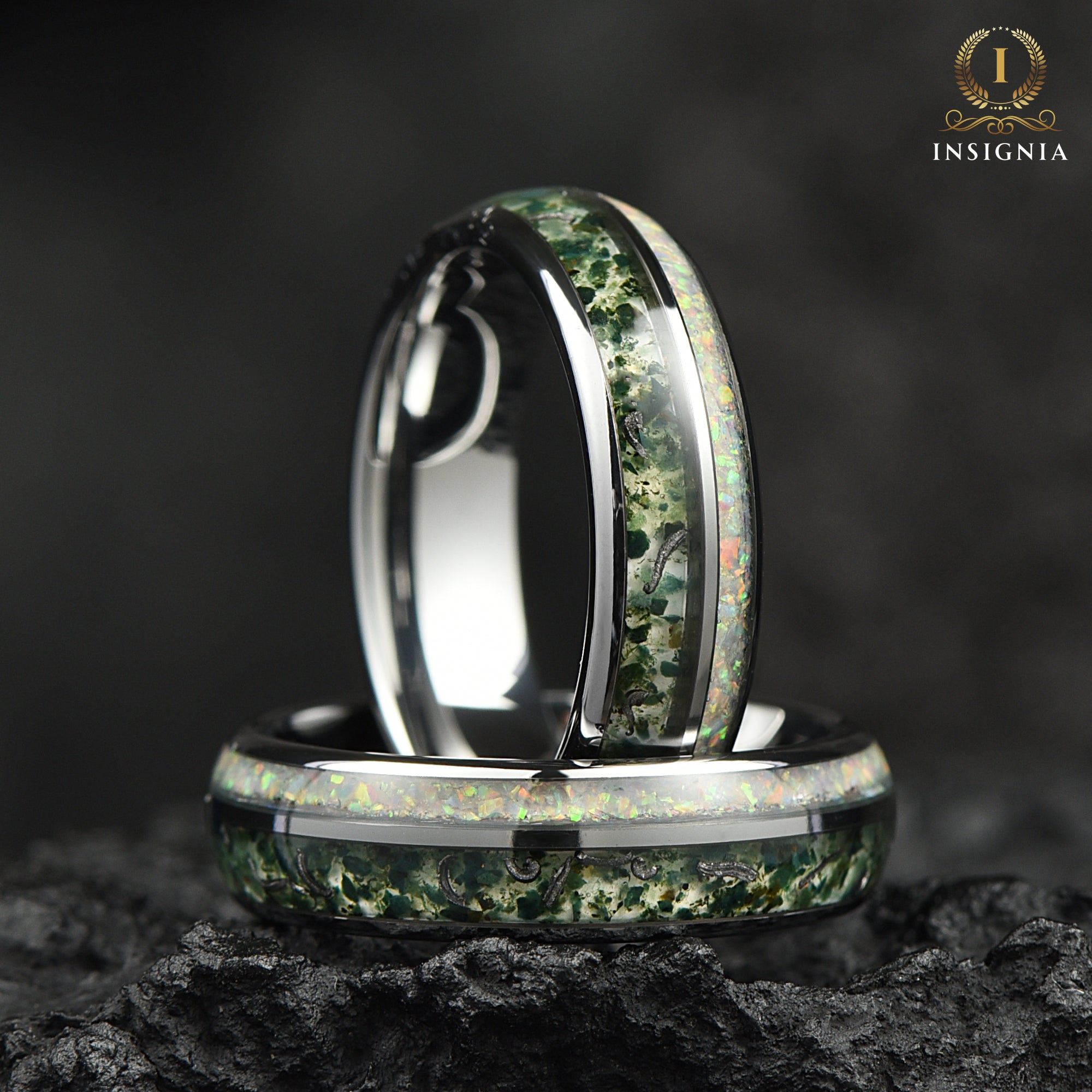 Wedding Rings Female Moss Agate Profile View