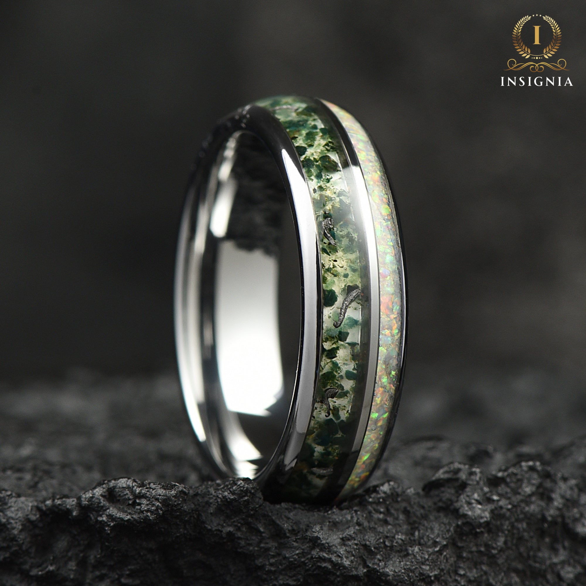 Wedding Rings Female Moss Agate Side View