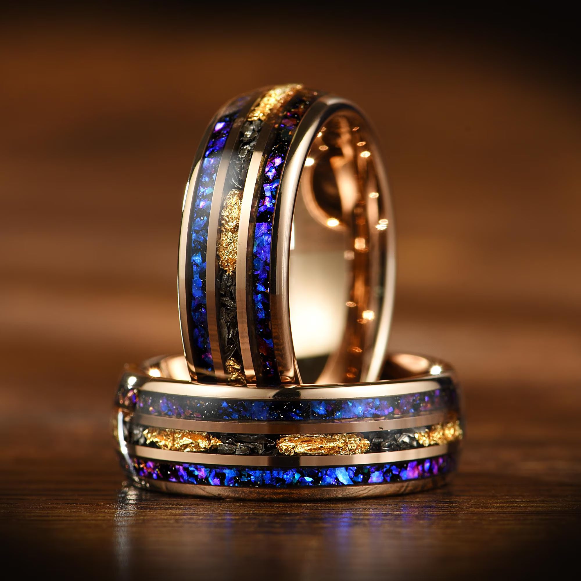 Wedding Rings Men Meteorite Orion Closeup View