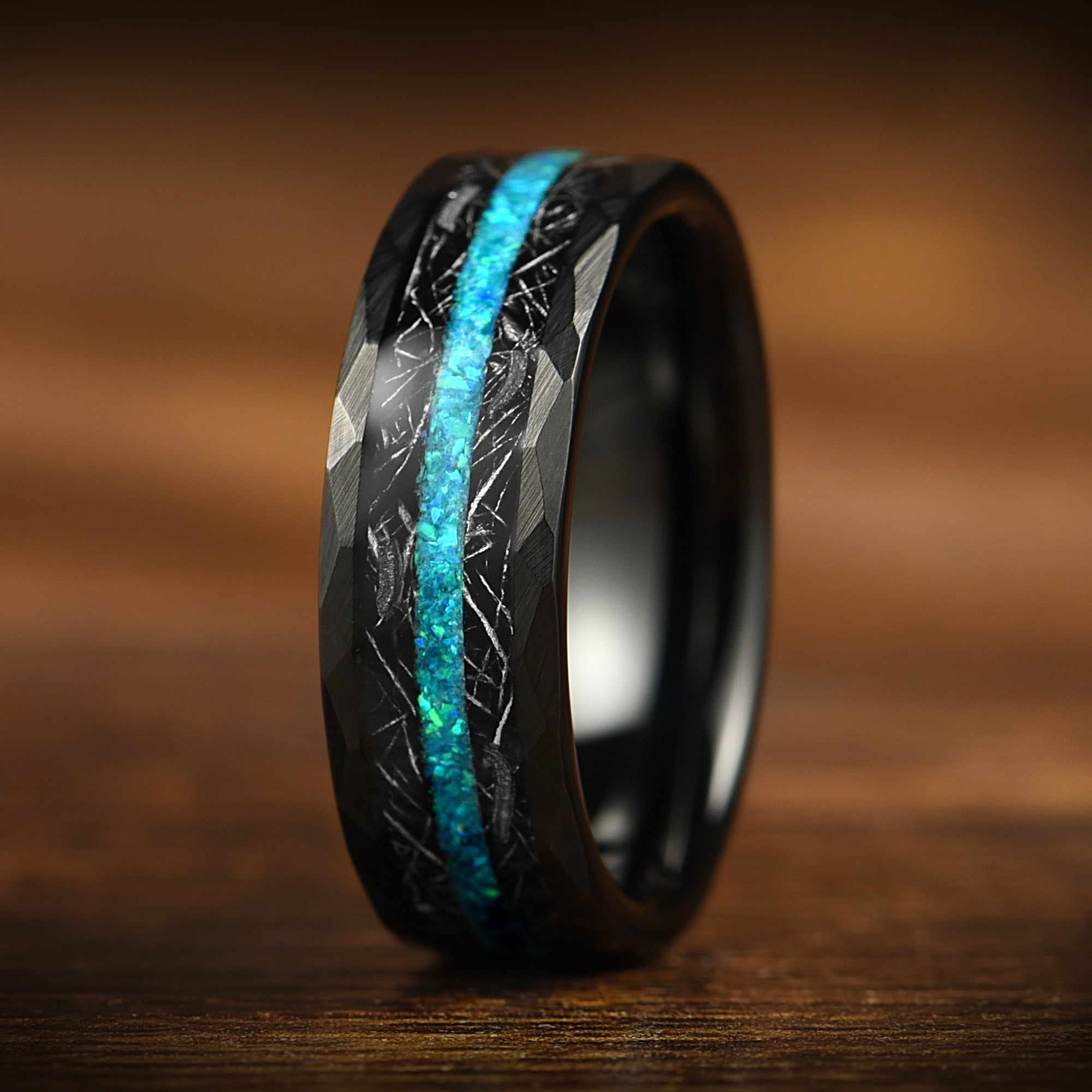 Wedding Rings With Opal Mens Meteorite Angle View