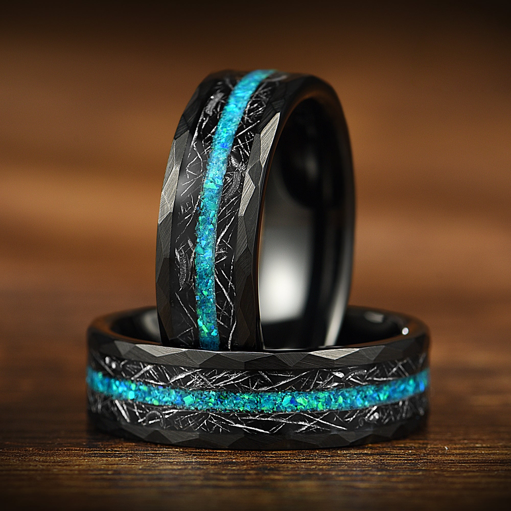 Engraved Wedding Rings With Opal Mens Real Meteorite Black