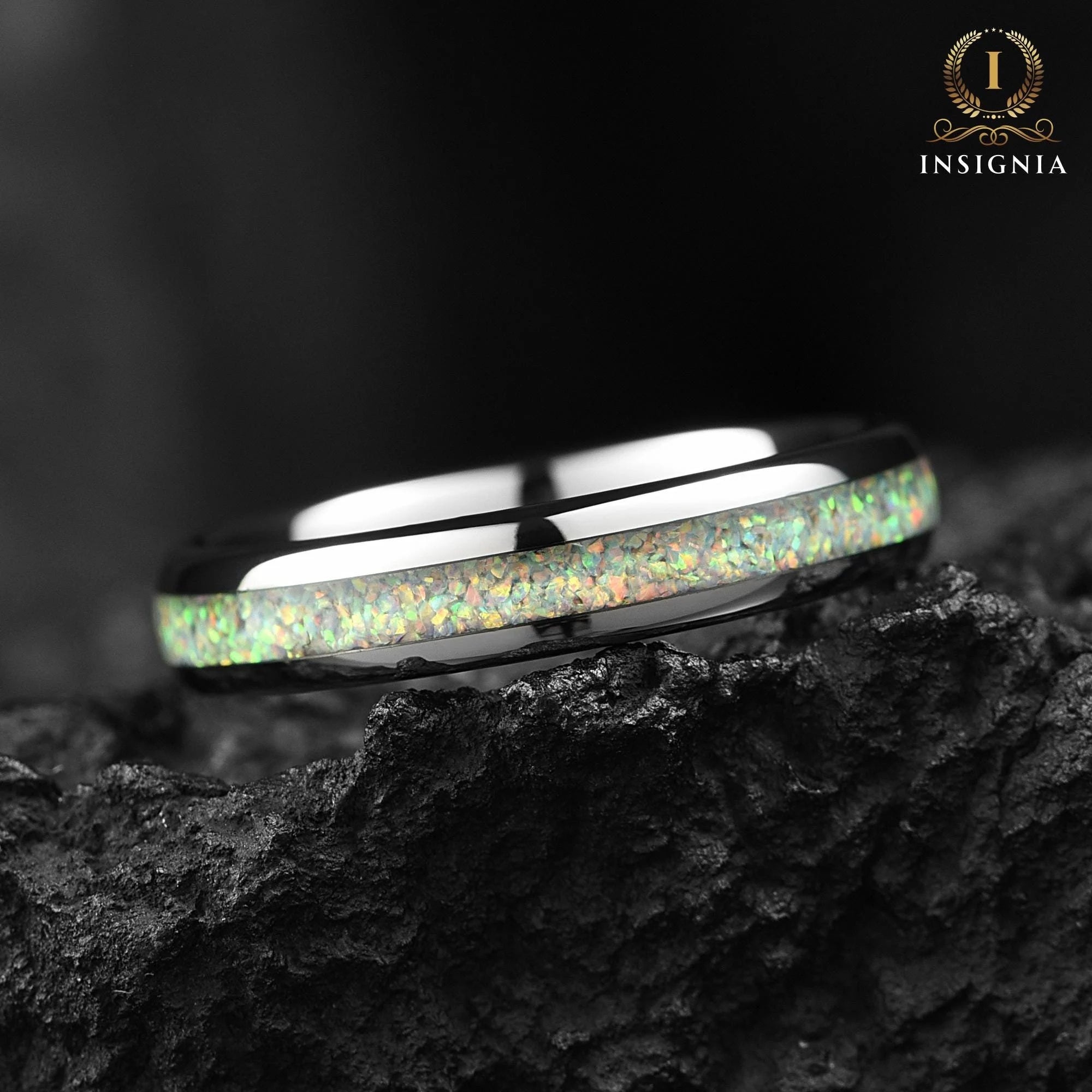 Wedding Women Band Silver Opal Side View