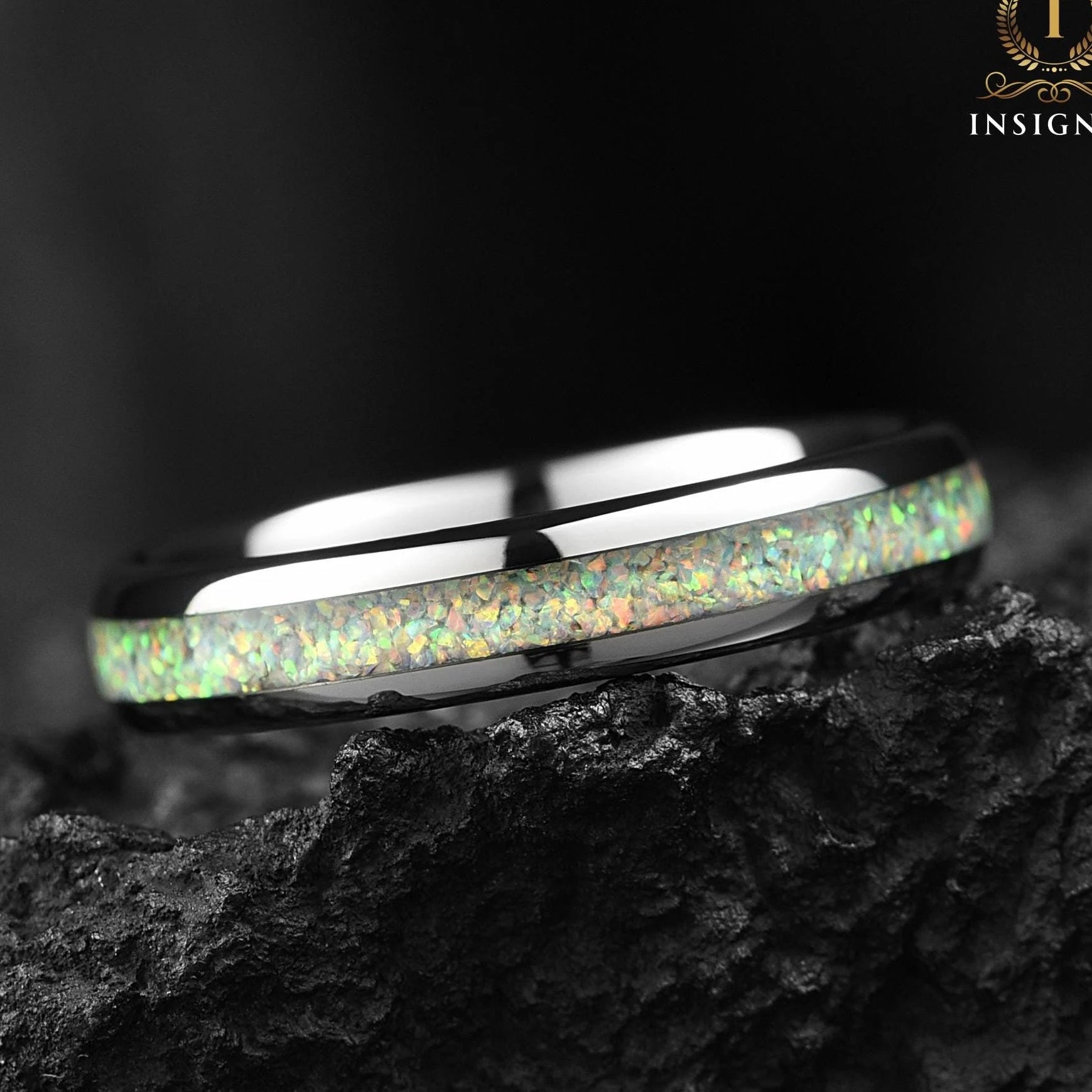 Wedding Women Band Silver Opal Side View