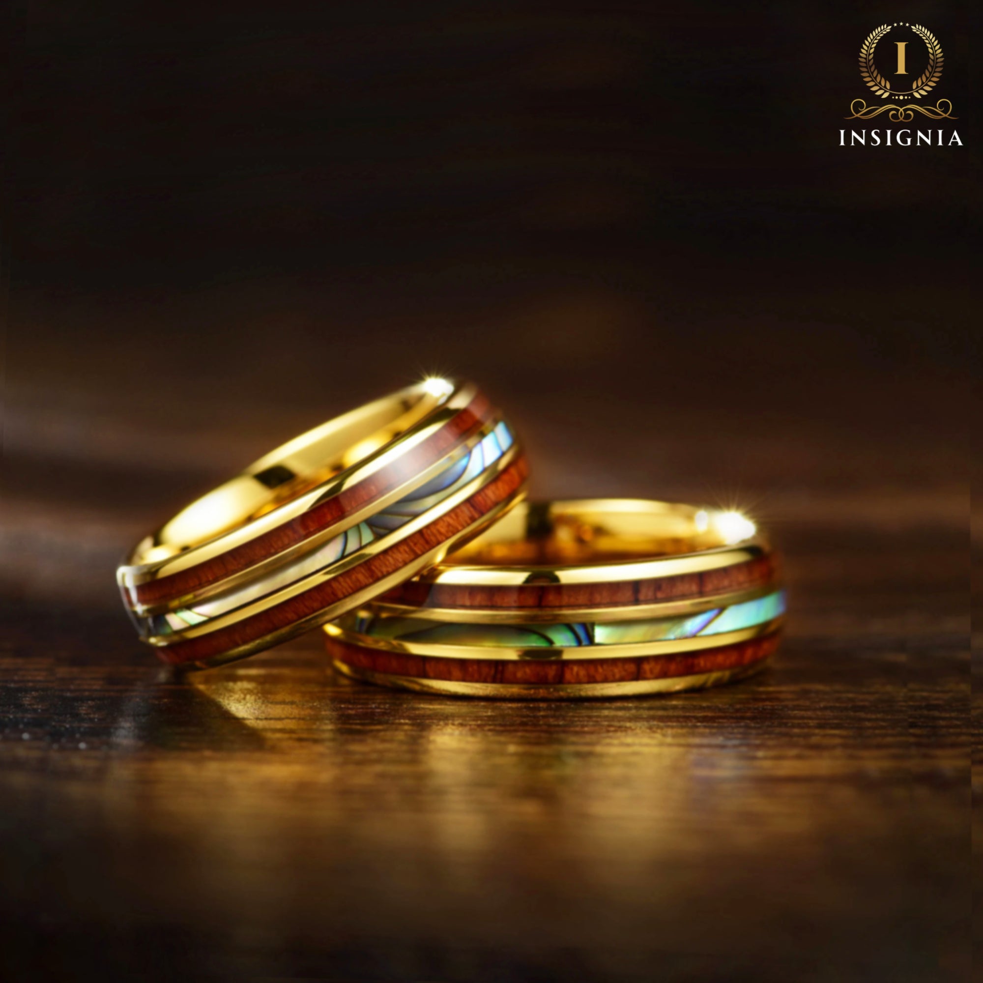 Women Wedding Rings Gold Wood Angle View