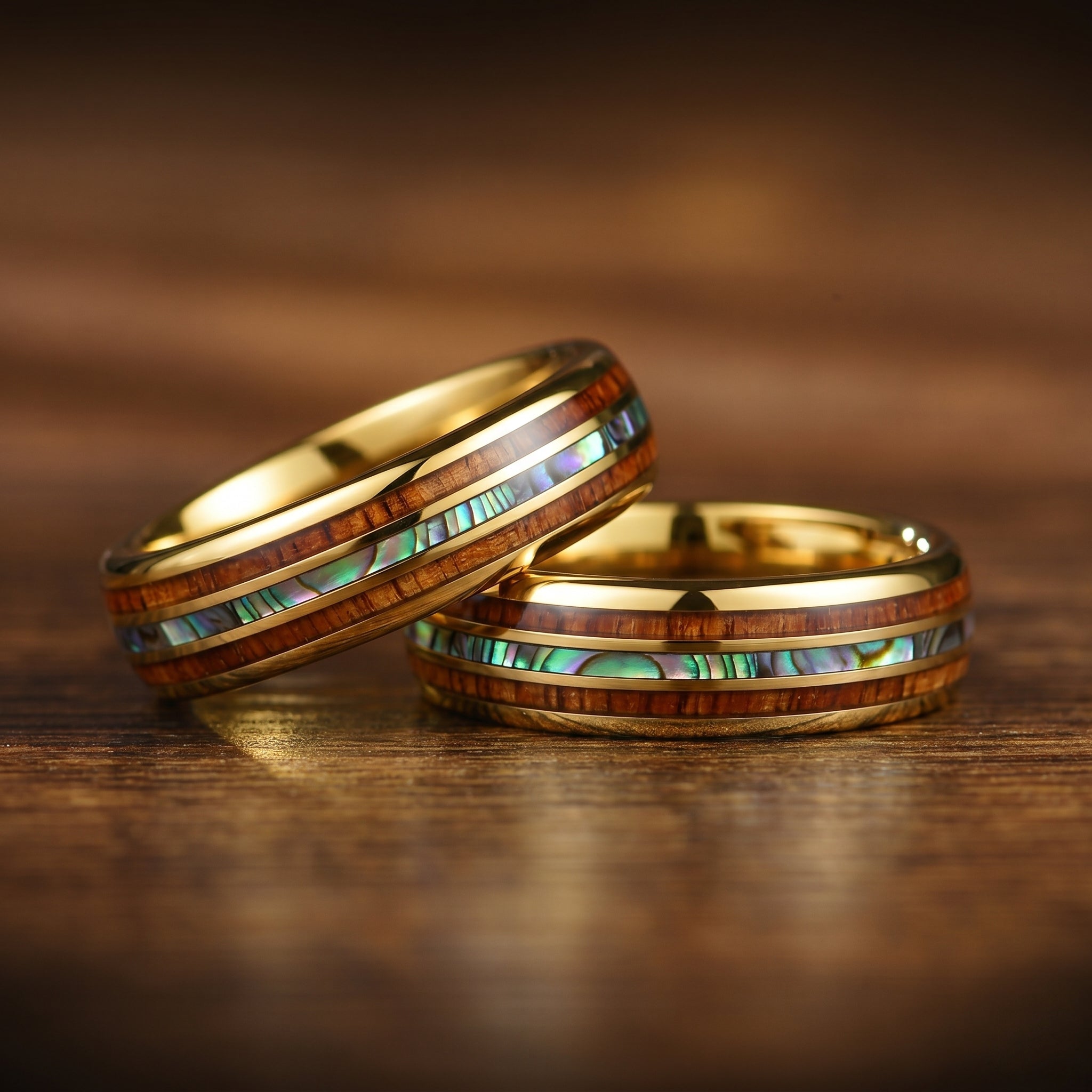 Women Wedding Rings Gold Wood Close Up View