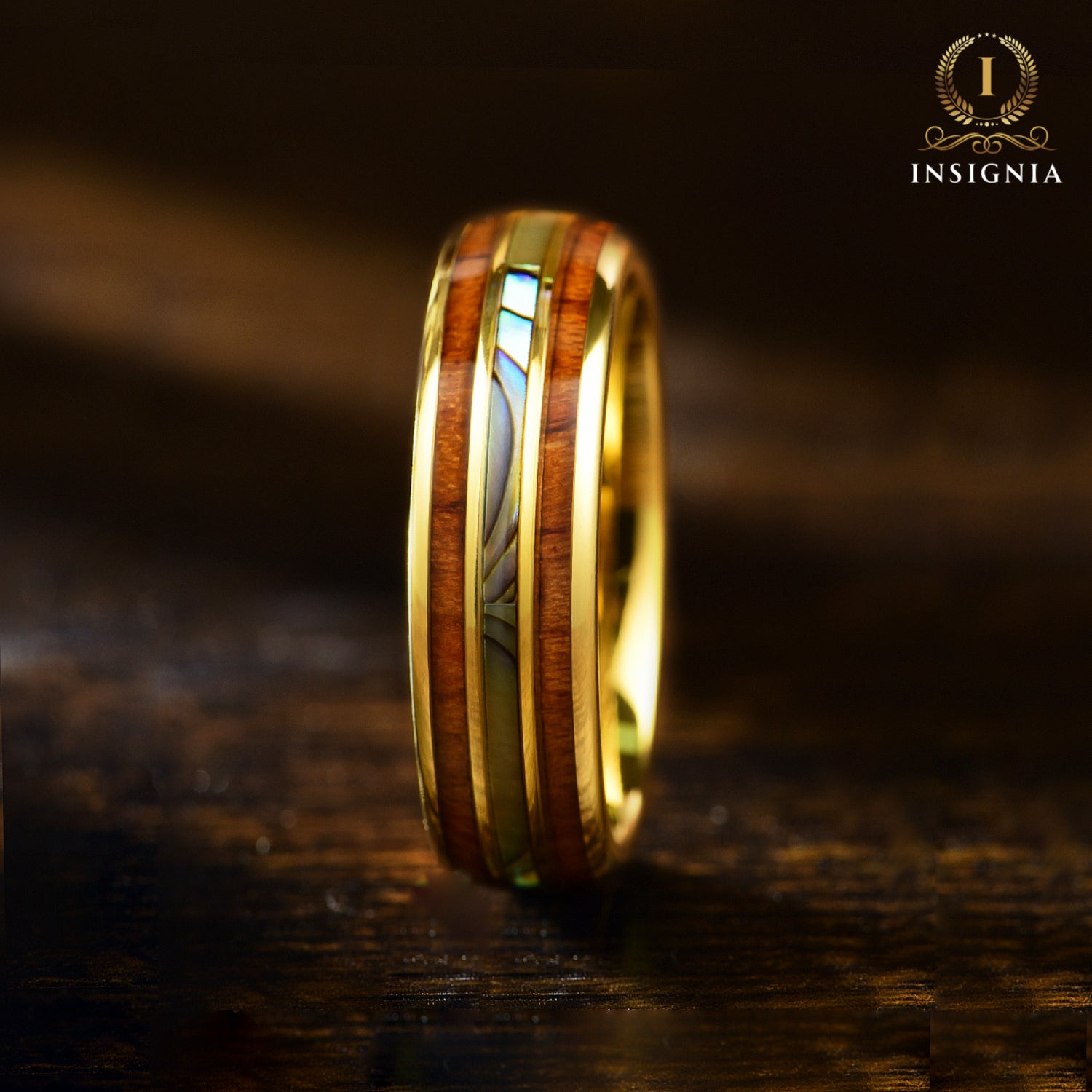 Women Wedding Rings Gold Wood Side View