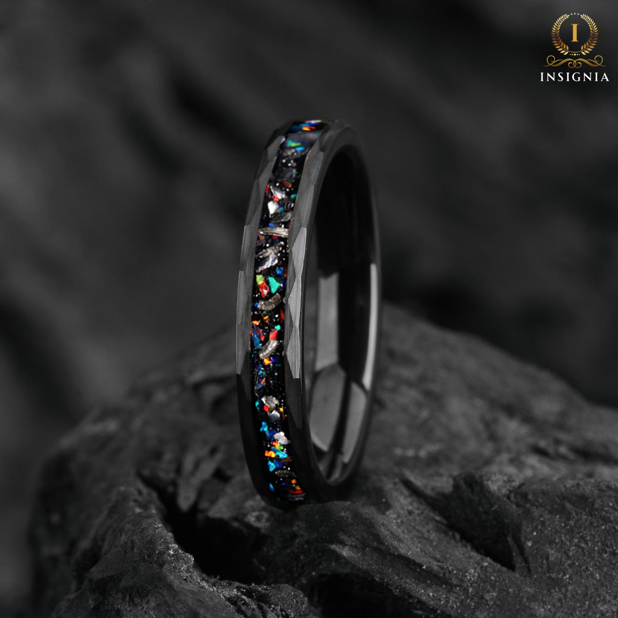 Women’s meteorite wedding ring with opal main view