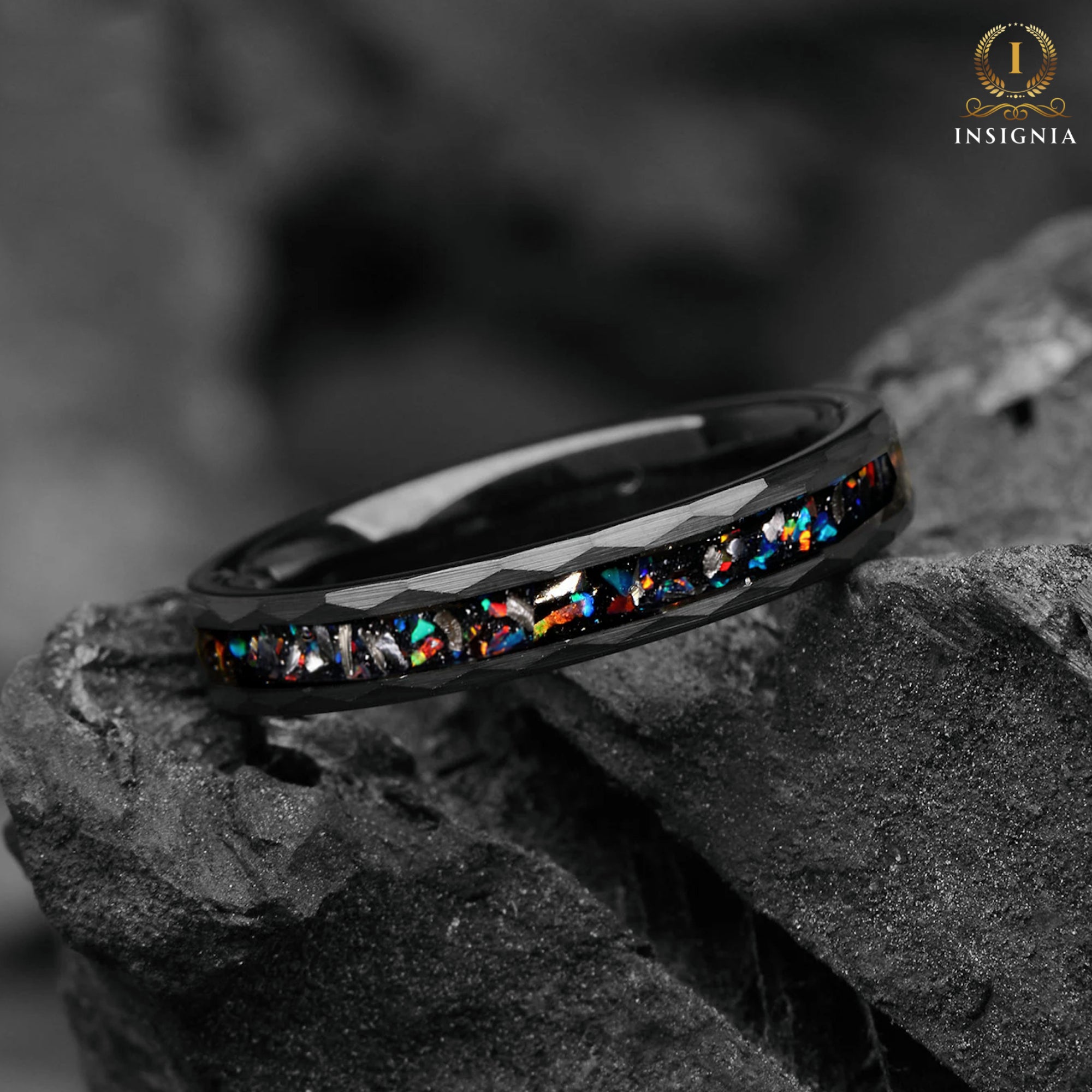 Side angle of women’s authentic meteorite ring with opal