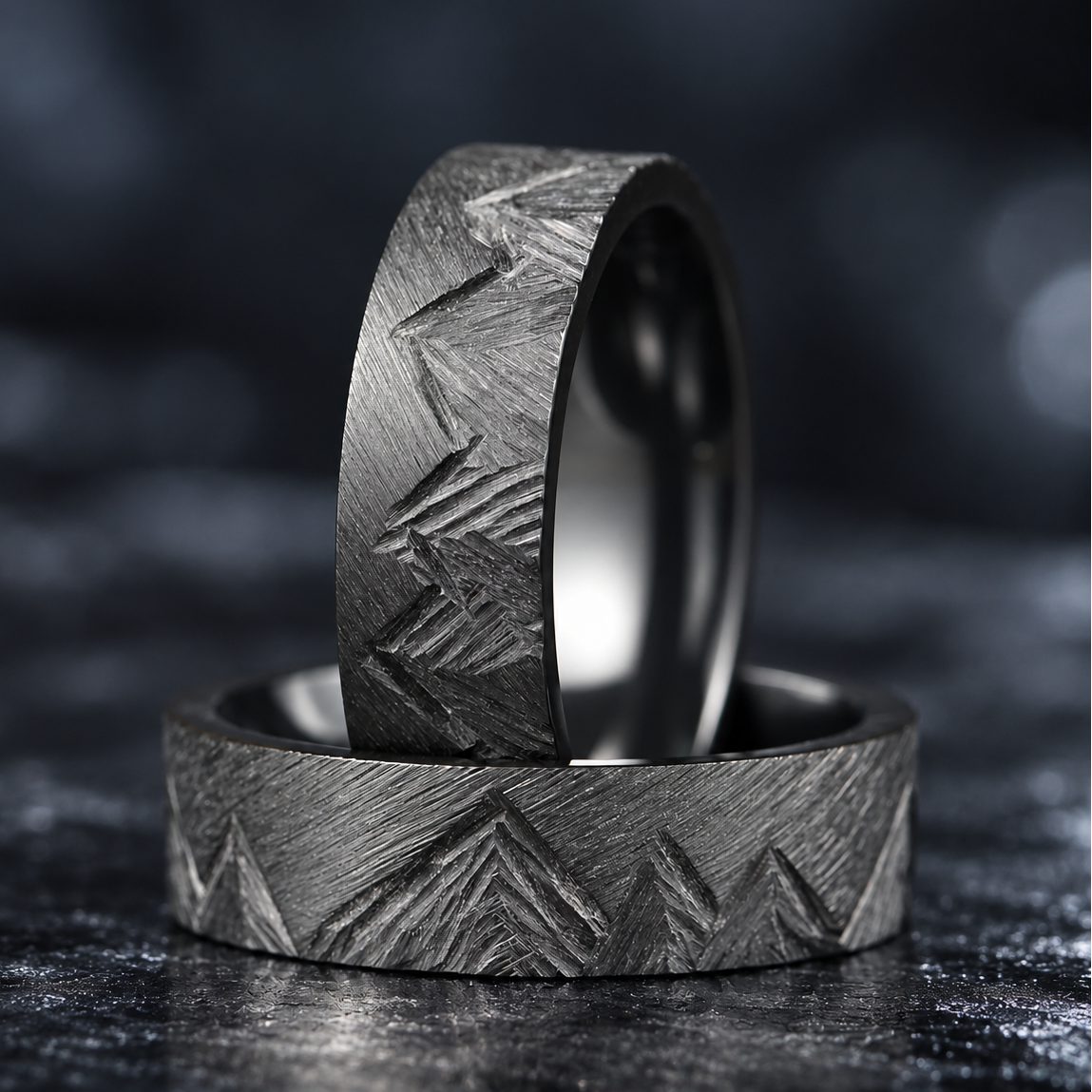 Zirconium ring with hand-carved mountain range and brushed 6mm finish