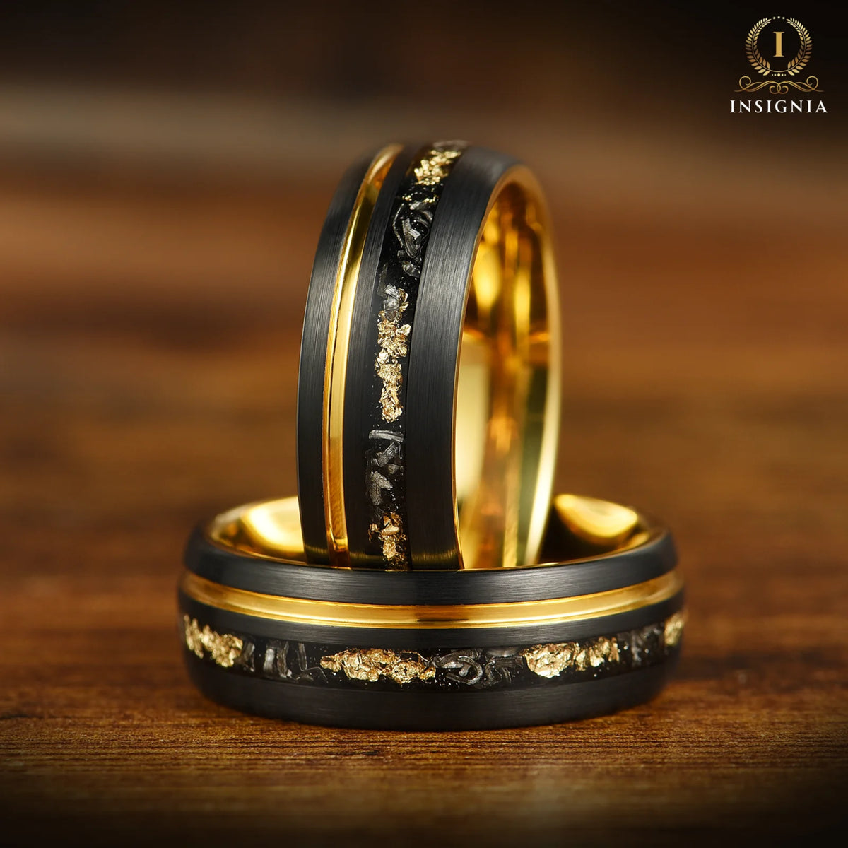 ENSEMBLES DE MARIAGE POUR LUI ET ELLE – ENSEMBLE D'ALLIANCES EN MÉTÉORITE VÉRITABLE NOIRE 8/4 MM