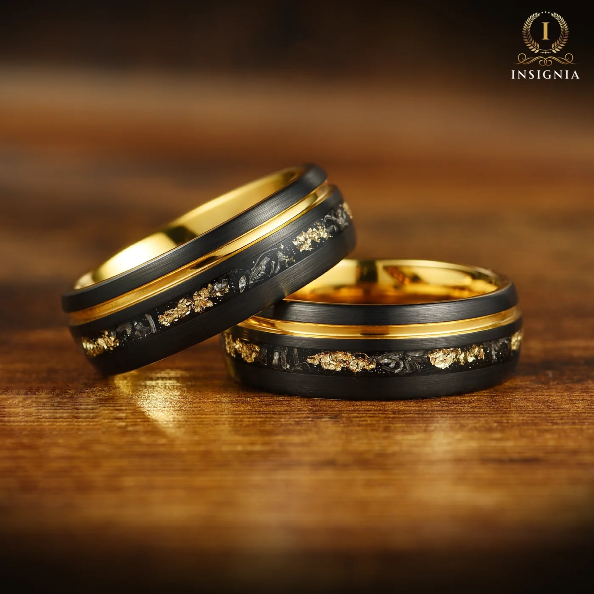 ENSEMBLES DE MARIAGE POUR LUI ET ELLE – ENSEMBLE D'ALLIANCES EN MÉTÉORITE VÉRITABLE NOIRE 8/4 MM