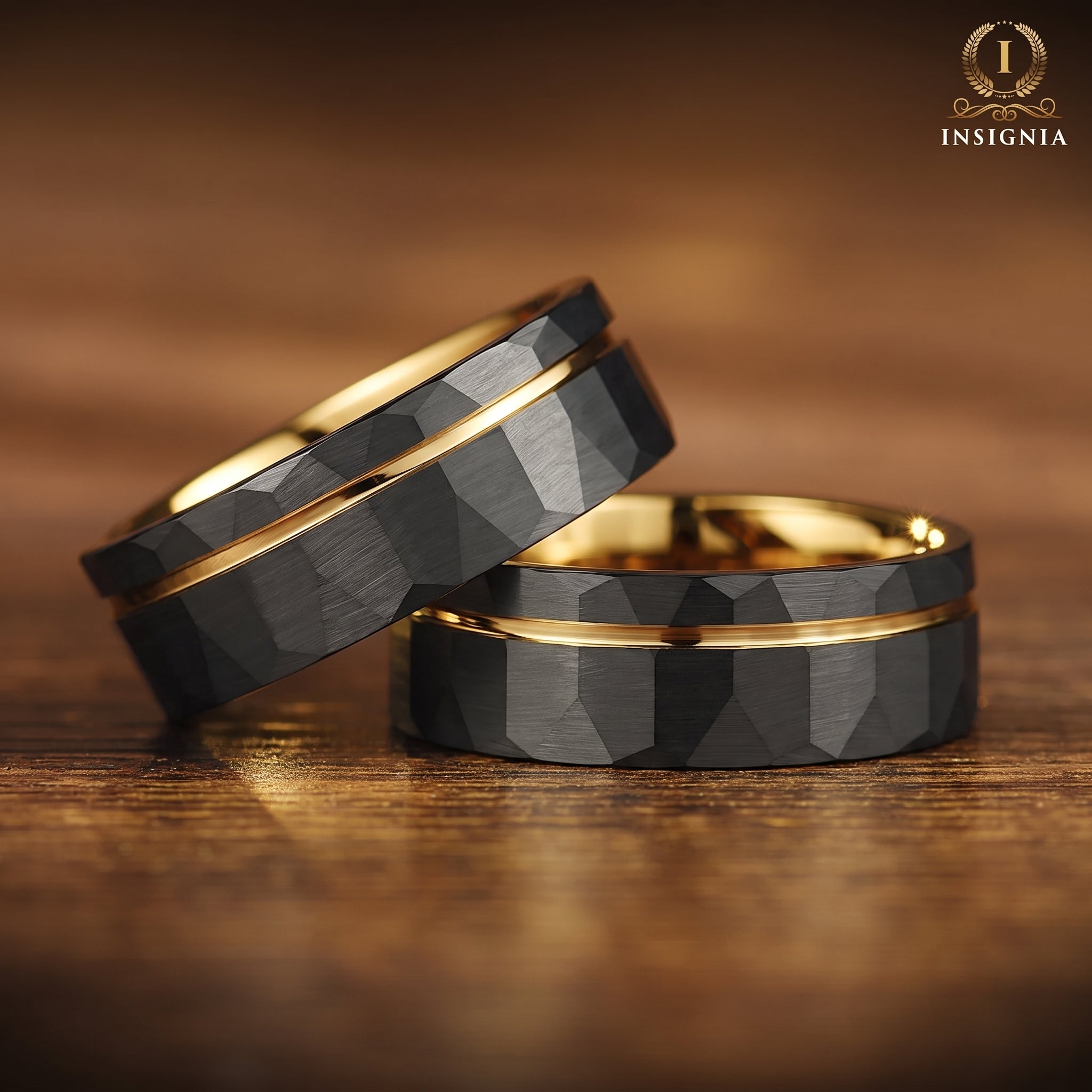 GOLD WEDDING BAND BLACK TUNGSTEN POLISHED GOLD CORE (8MM)