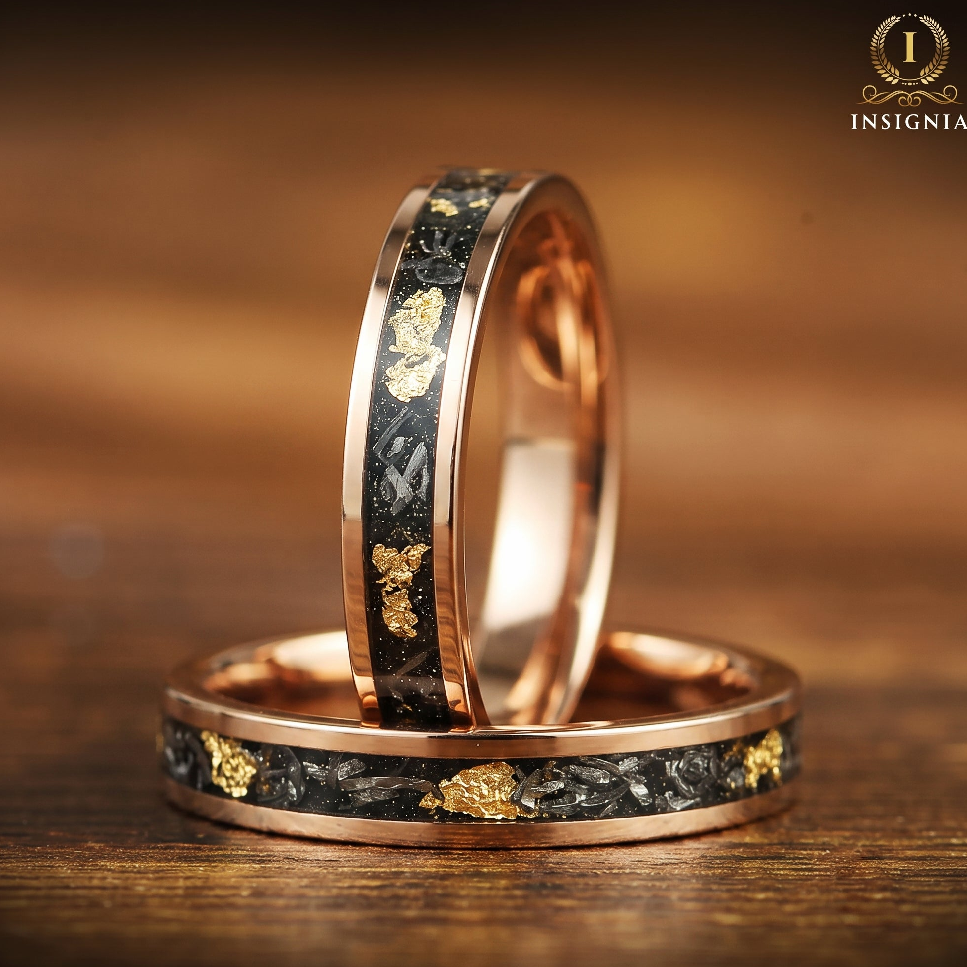 LADIES WEDDING RING REAL METEORITE 18K GOLD LEAF TUNGSTEN (4MM)