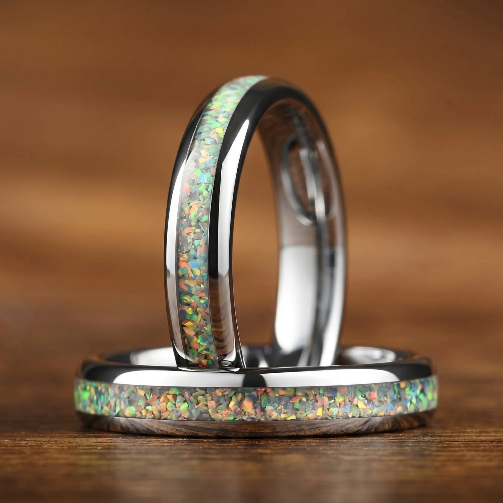 COUPLE RING SET CHEVRON-CUT DESIGN WHITE FIRE OPAL (8/4MM)