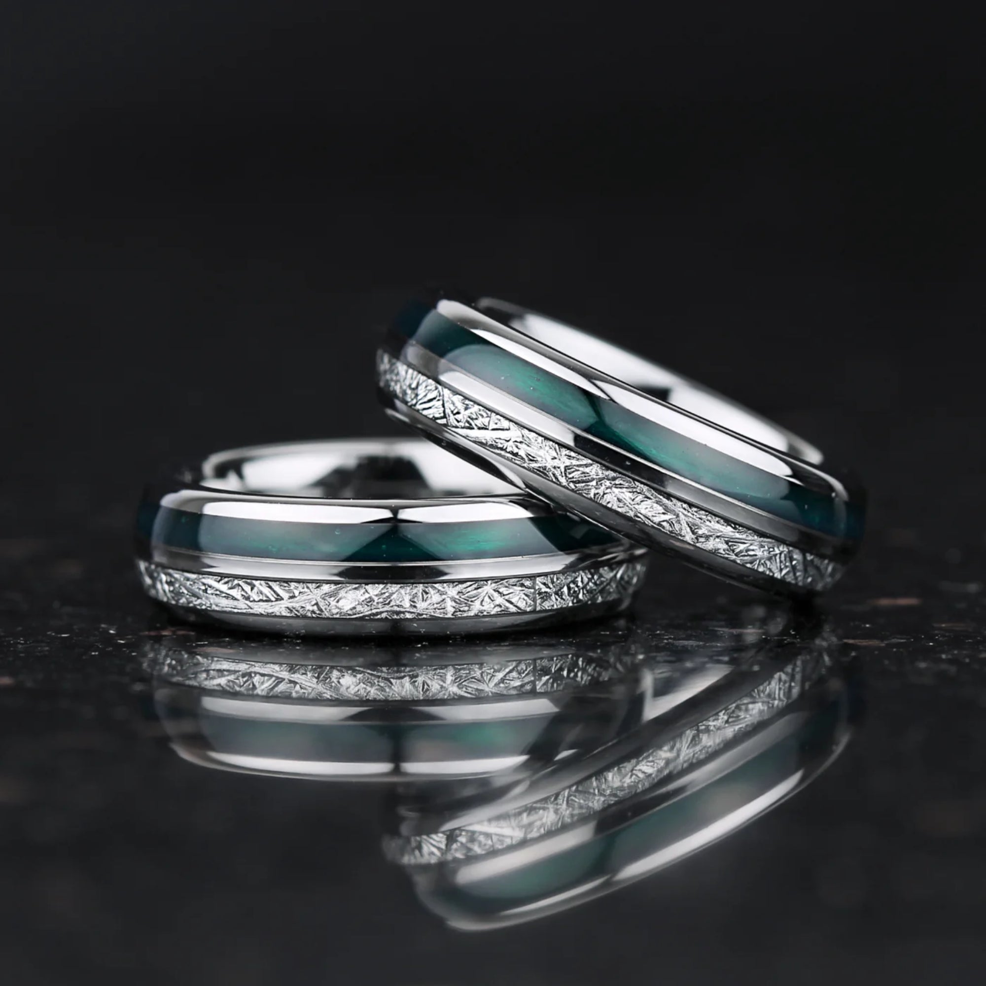 WEDDING RING GREEN AGATE METEORITE & TUNGSTEN UNISEX (6MM)