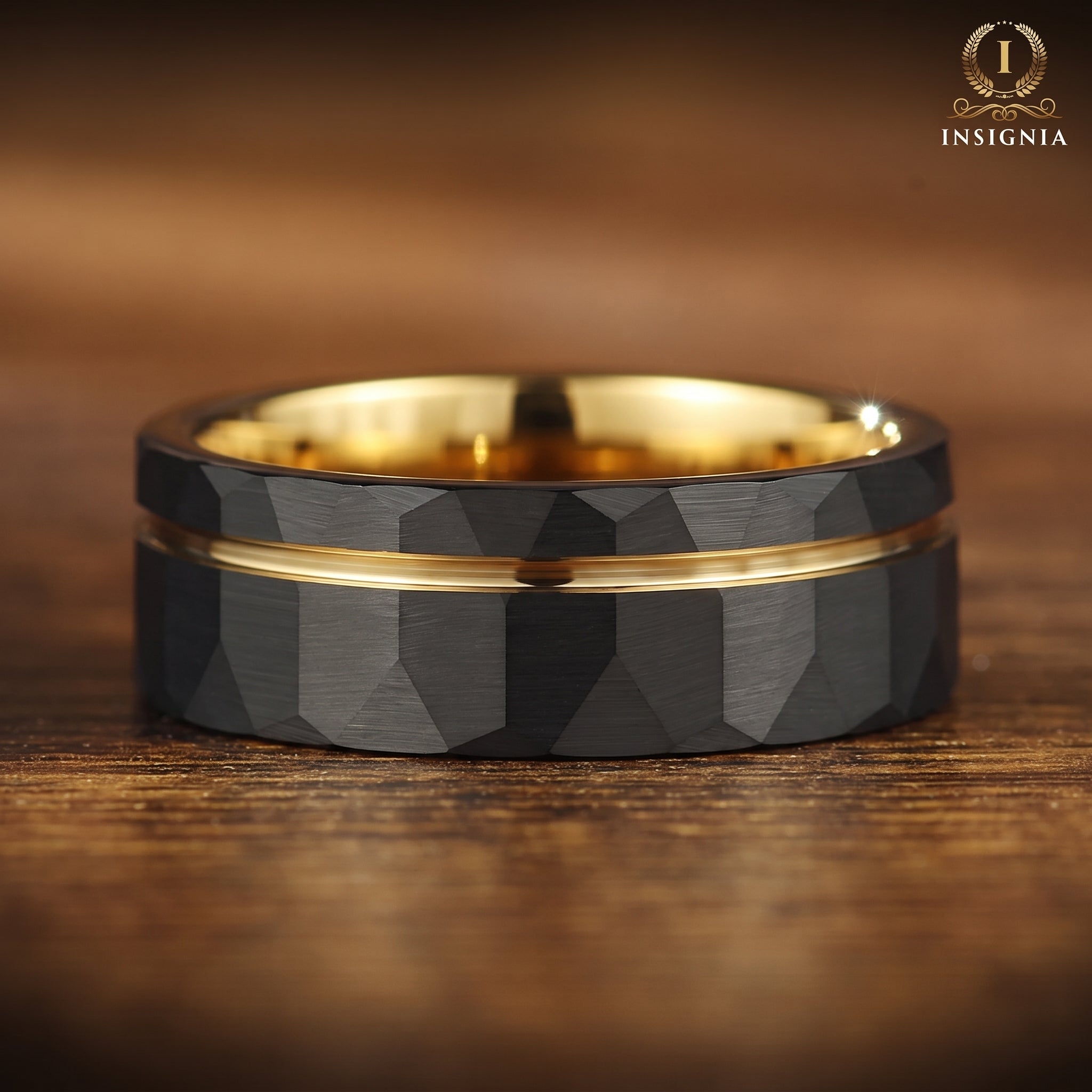 GOLD WEDDING BAND BLACK TUNGSTEN POLISHED GOLD CORE (8MM)
