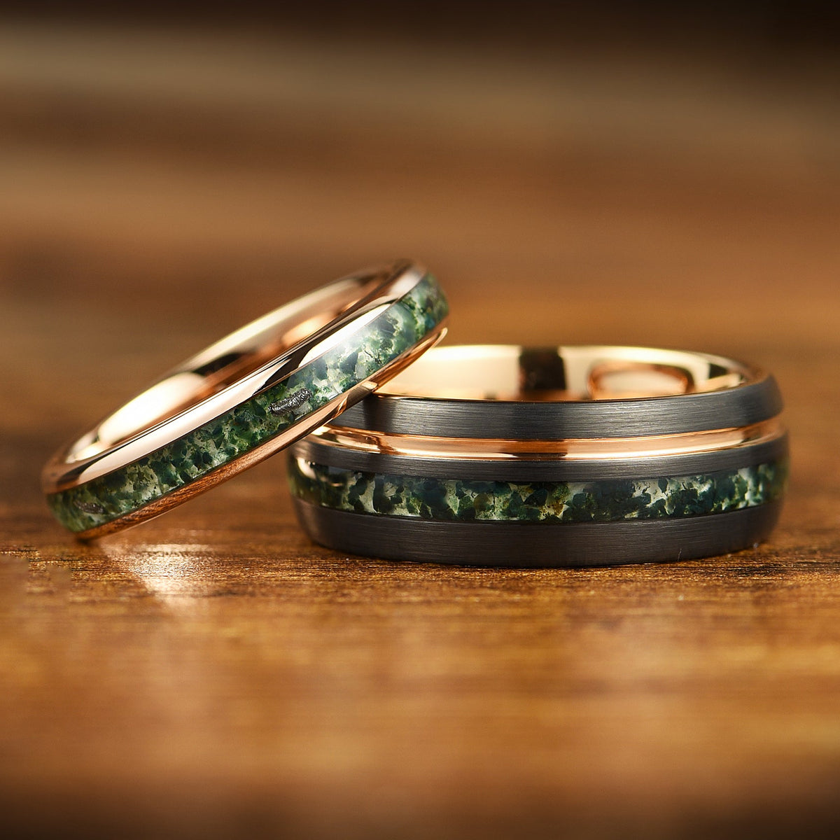 COUPLE WEDDING RING SET MOSS AGATE TUNGSTEN CARBIDE METEORITE (8/4MM)