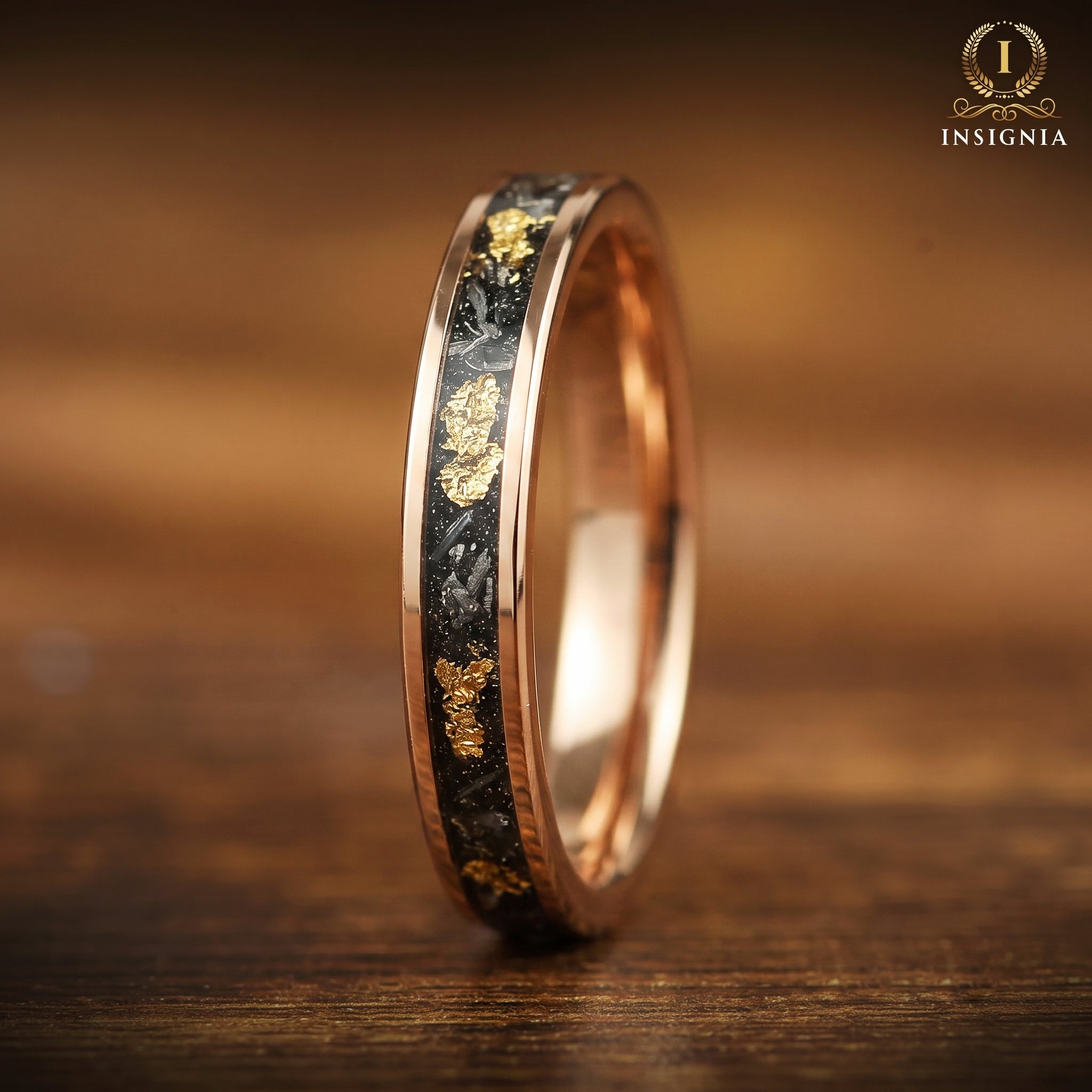 LADIES WEDDING RING REAL METEORITE 18K GOLD LEAF TUNGSTEN (4MM)