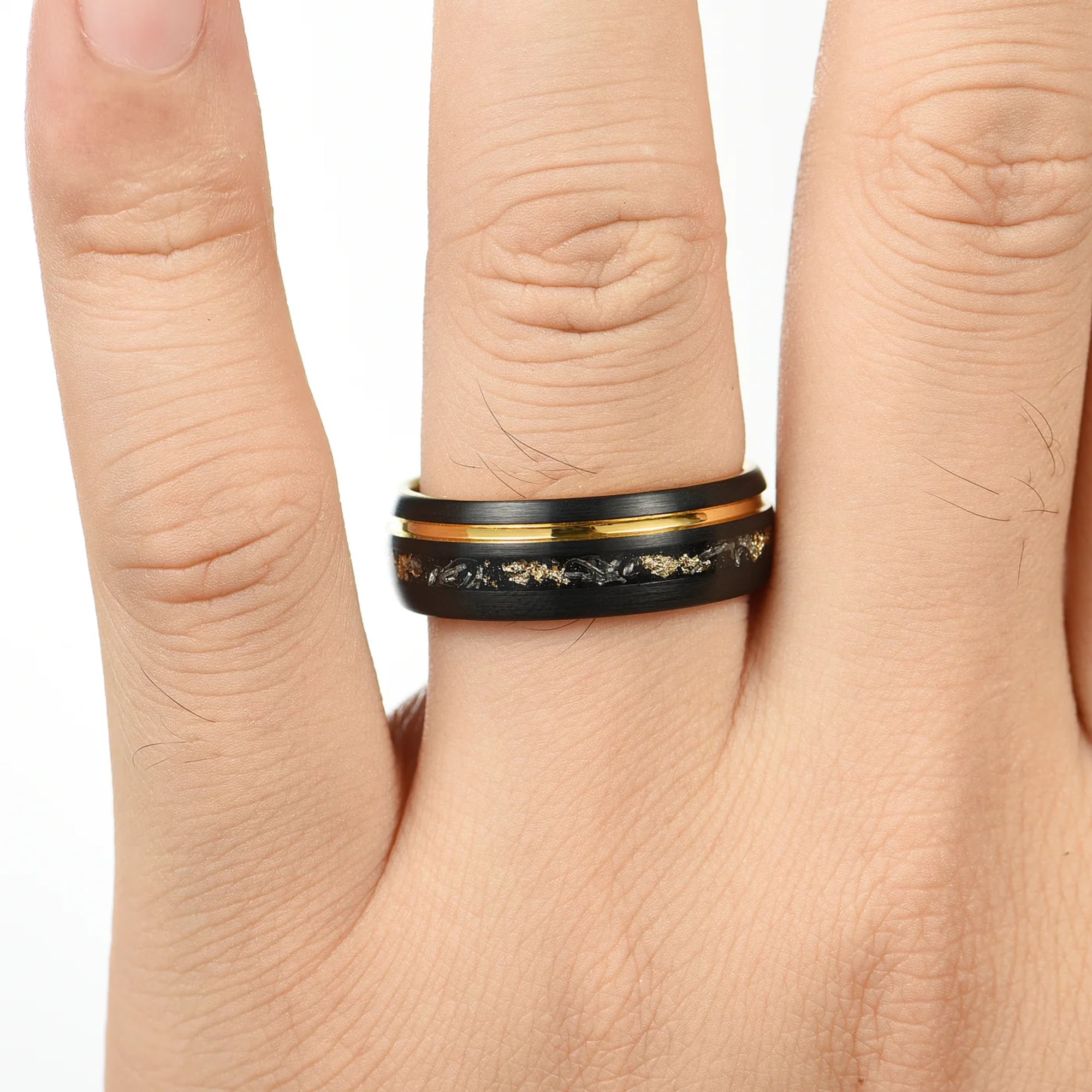 ENSEMBLES DE MARIAGE POUR LUI ET ELLE – ENSEMBLE D'ALLIANCES EN MÉTÉORITE VÉRITABLE NOIRE 8/4 MM