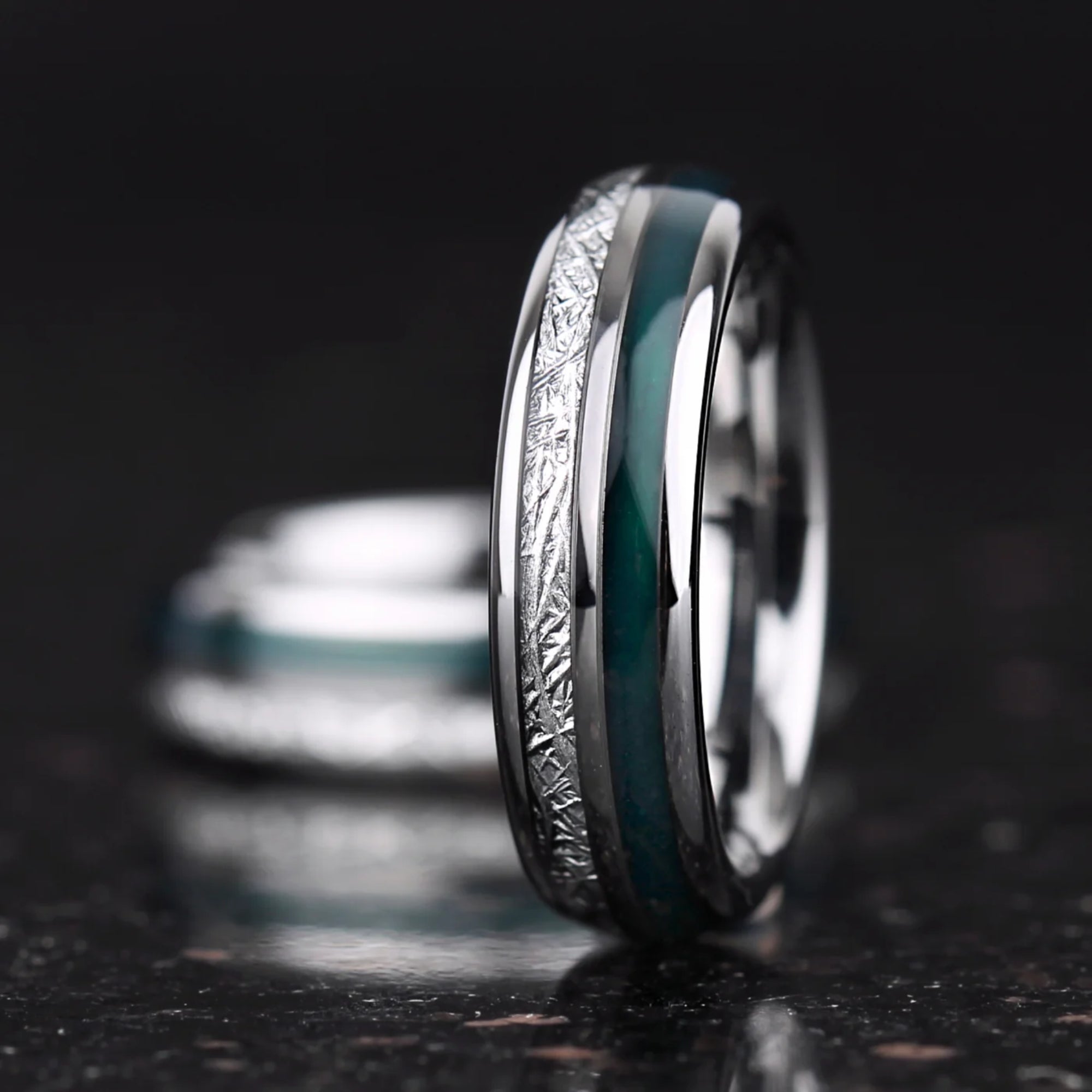 WEDDING RING GREEN AGATE METEORITE & TUNGSTEN UNISEX (6MM)