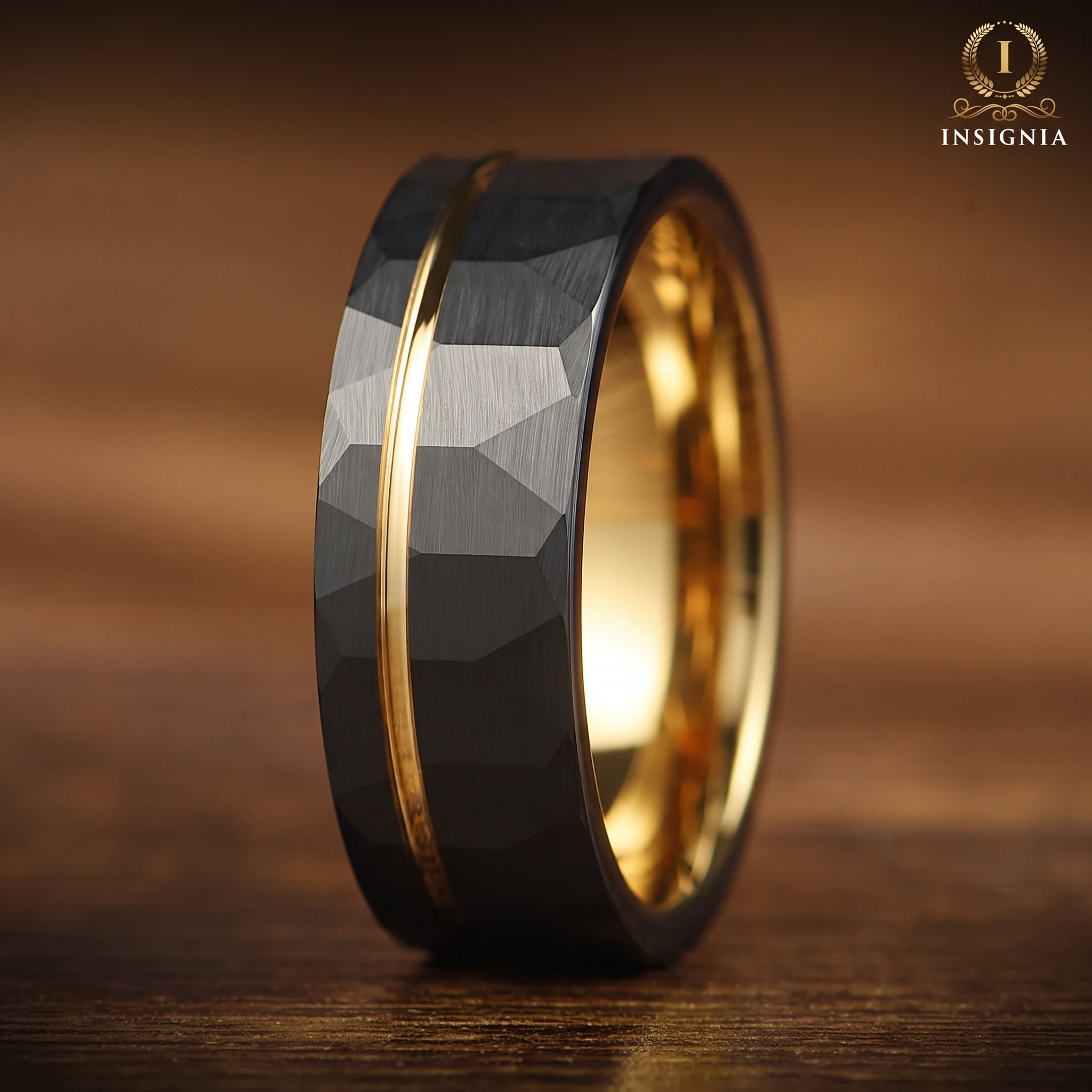GOLD WEDDING BAND BLACK TUNGSTEN POLISHED GOLD CORE (8MM)