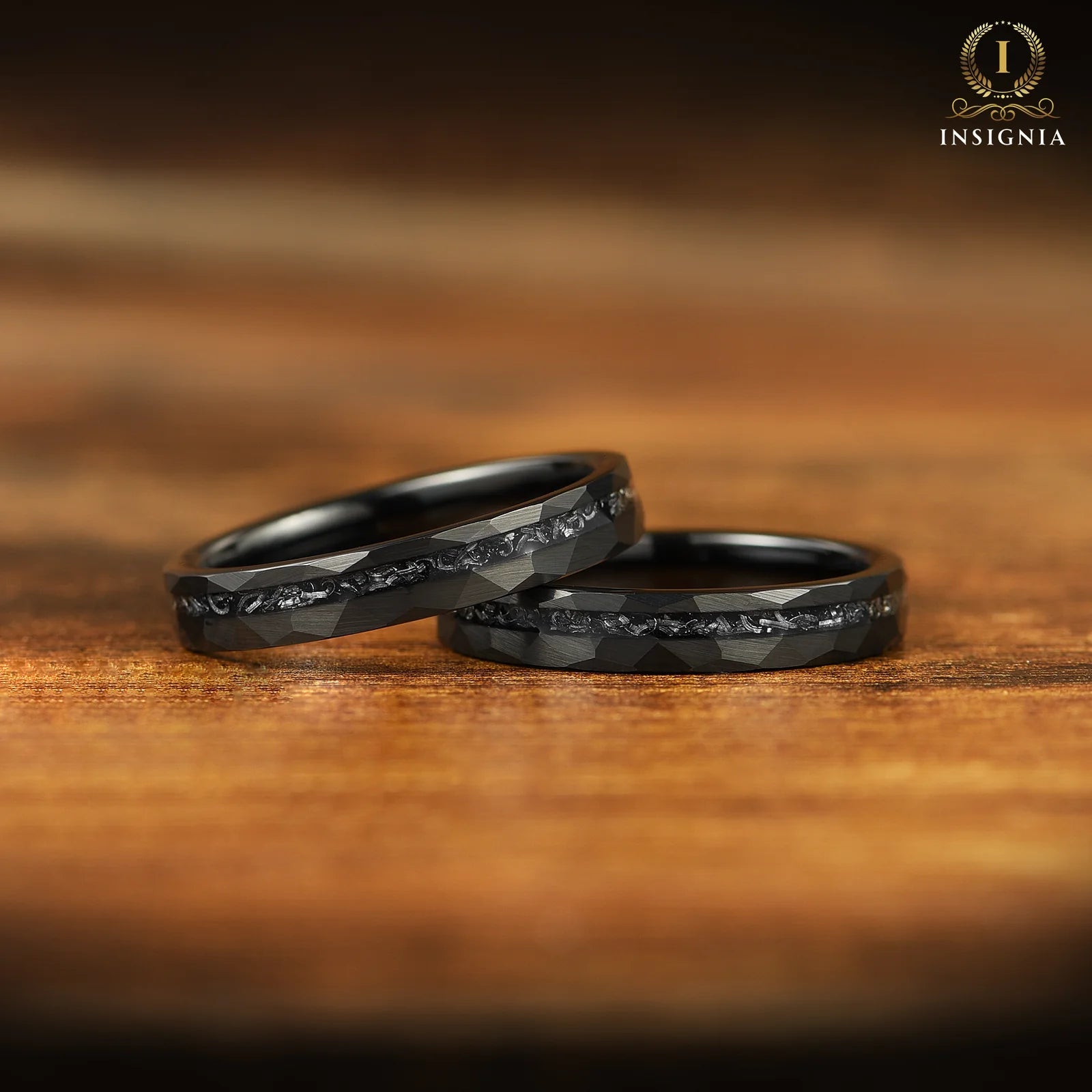 WEDDING RING SET REAL METEORITE TUNGSTEN CARBIDE BLACK (8/4 MM)
