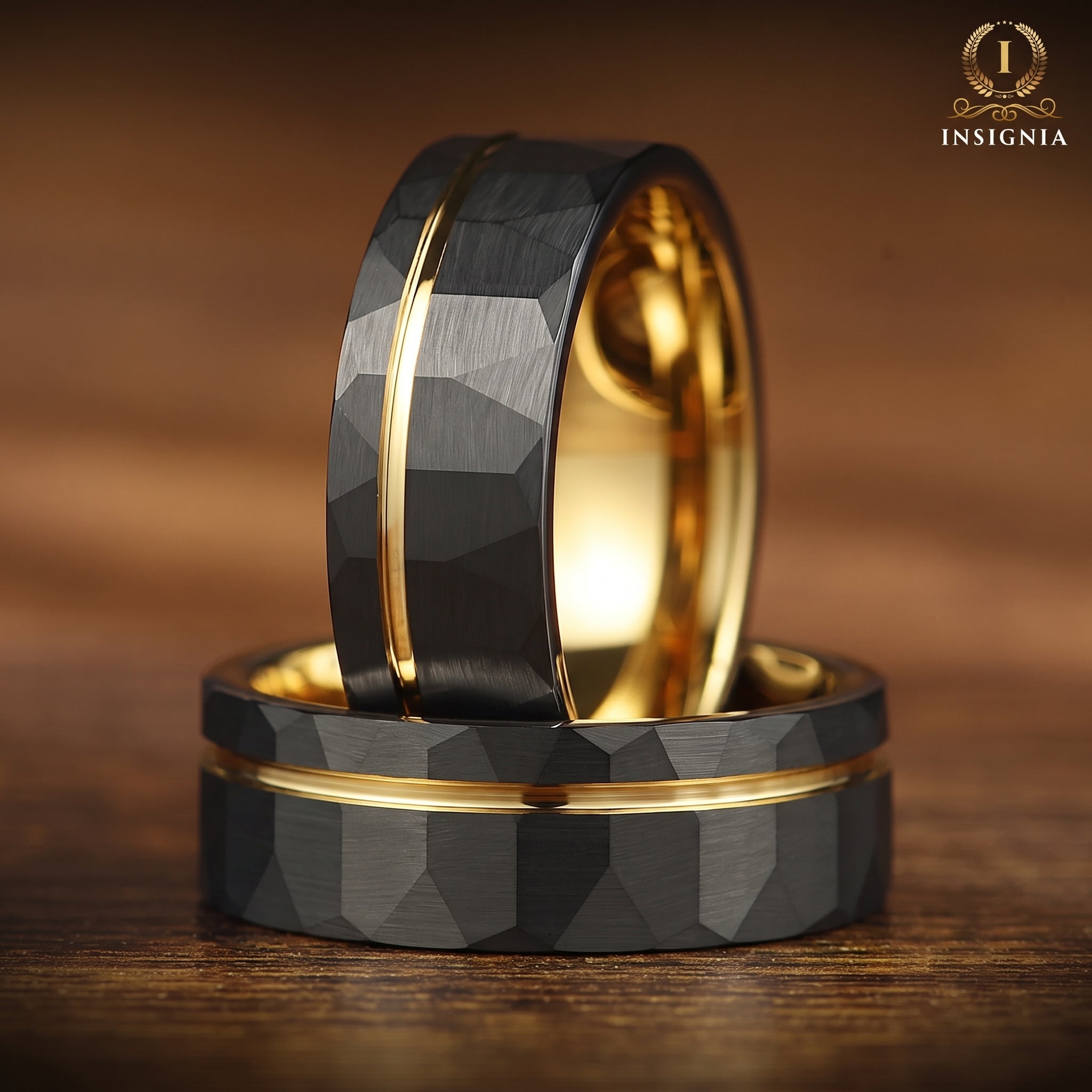 GOLD WEDDING BAND BLACK TUNGSTEN POLISHED GOLD CORE (8MM)