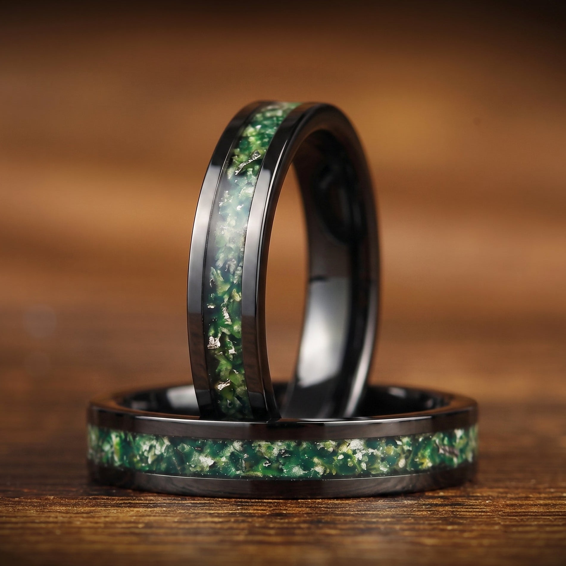 WOMEN'S WEDDING RING MOSS AGATE REAL METEORITE TUNGSTEN (4MM)