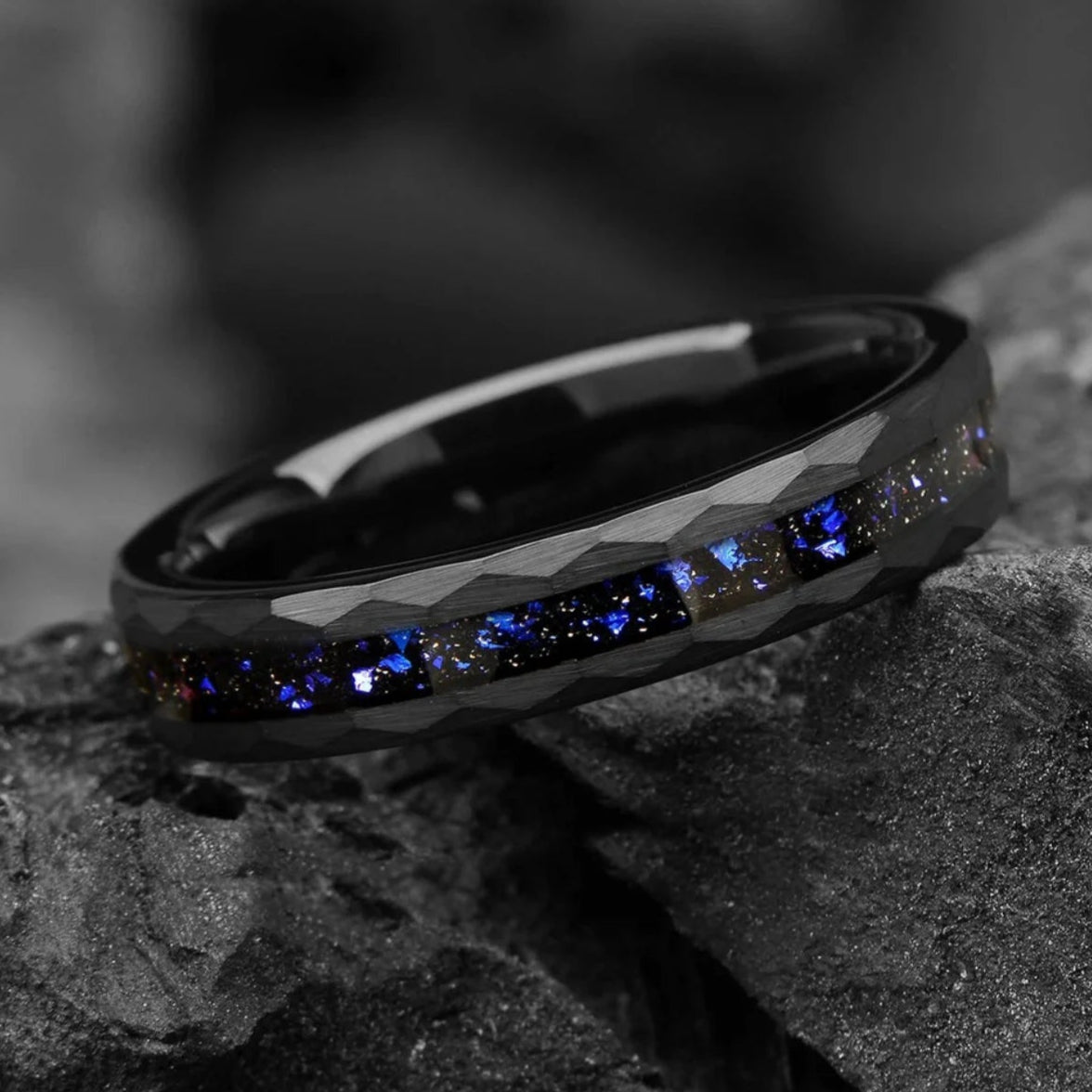 His and Hers Galaxy Space Nebula Couple Hammered Wedding Bands 4/6 mm -Tungsten Blue Sandstone Promise Rings for Couples - Matching Ring Set - INSIGNIA