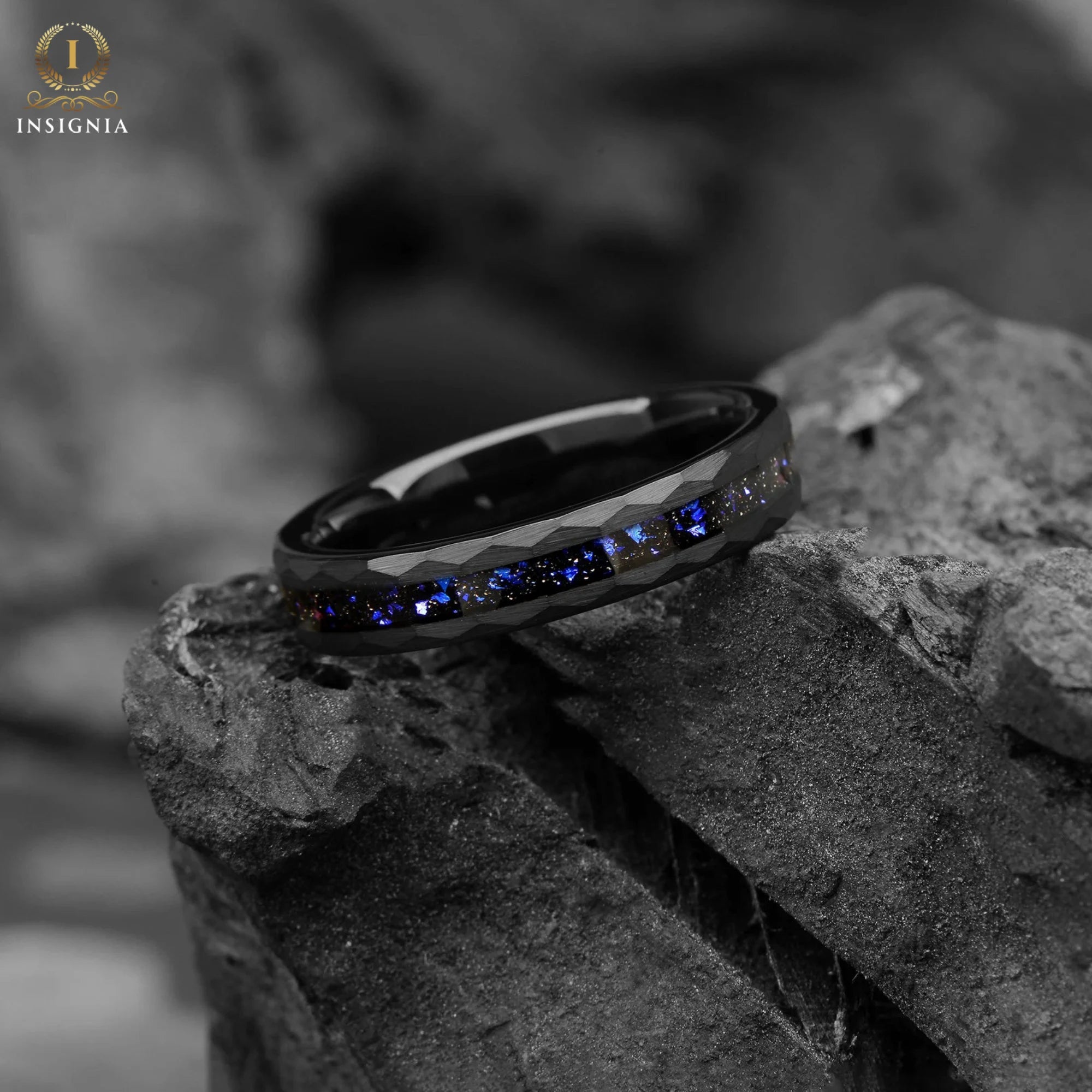 His and Hers Galaxy Space Nebula Couple Hammered Wedding Bands 4/6 mm -Tungsten Blue Sandstone Promise Rings for Couples - Matching Ring Set - INSIGNIA