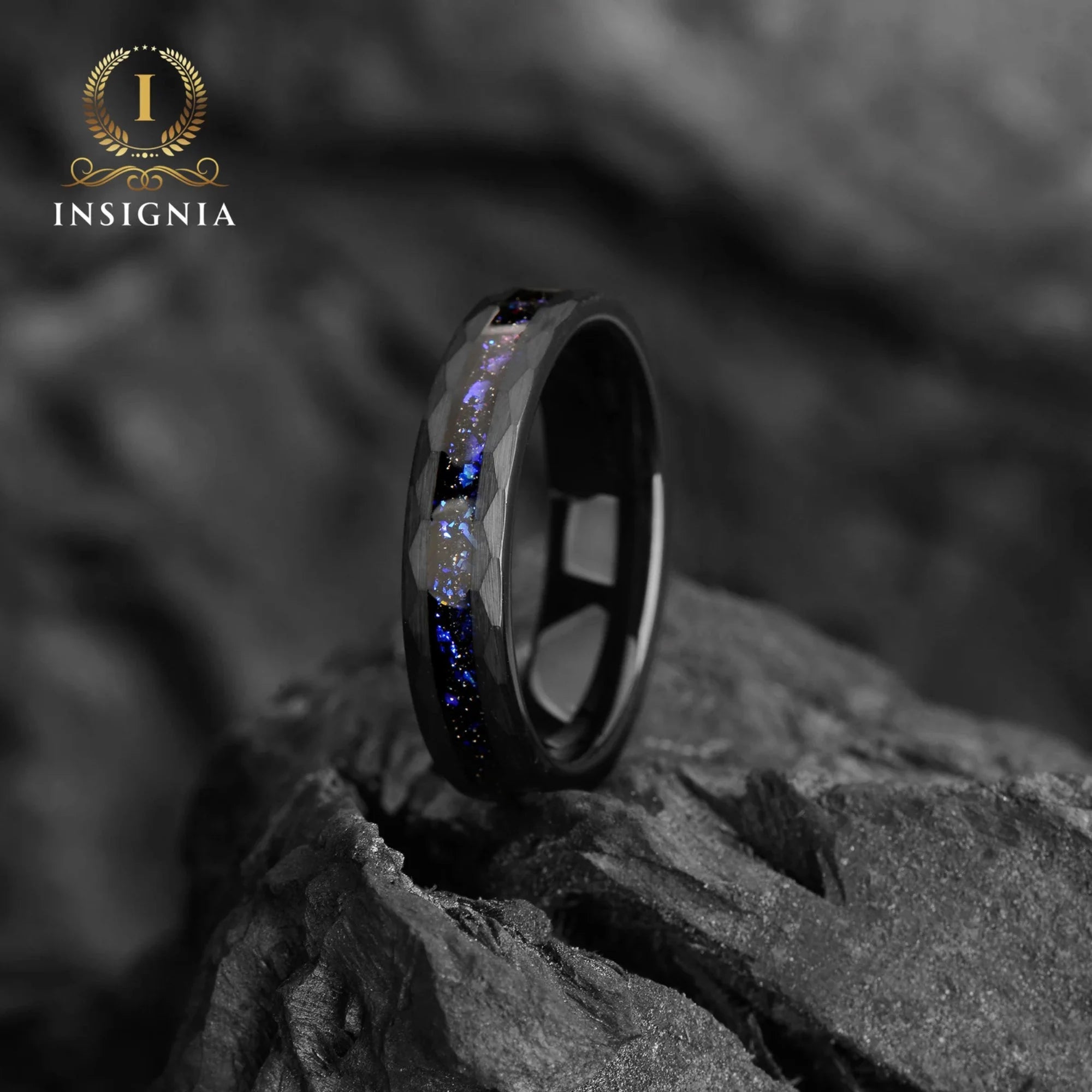 His and Hers Galaxy Space Nebula Couple Hammered Wedding Bands 4/6 mm -Tungsten Blue Sandstone Promise Rings for Couples - Matching Ring Set - INSIGNIA