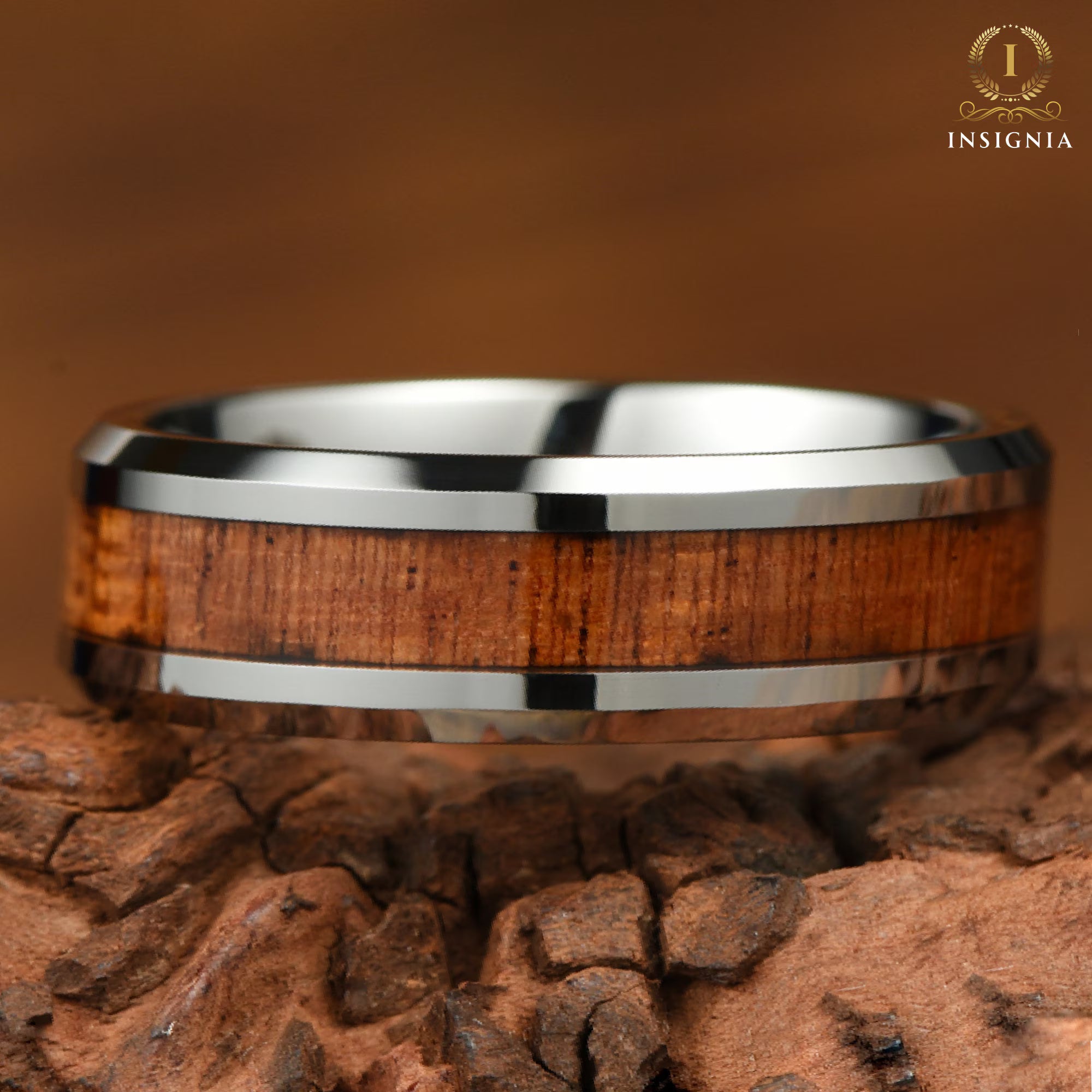 Whiskey Barrel Wood Wedding Band 6 mm - Unique Mens Tungsten Wedding Band - Two Tone Engagement /Promise Ring for him - Anniversary Gift - INSIGNIA