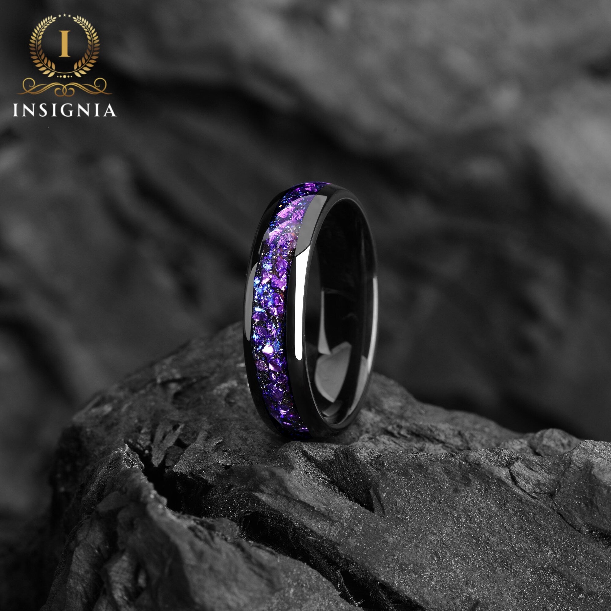 Galaxy Nebula & Alexandrite Ring 6mm - Tungsten & Blue Sandstone Women& Mens Wedding Band Unique - Engagement / Promise Ring for Him & Her - INSIGNIA