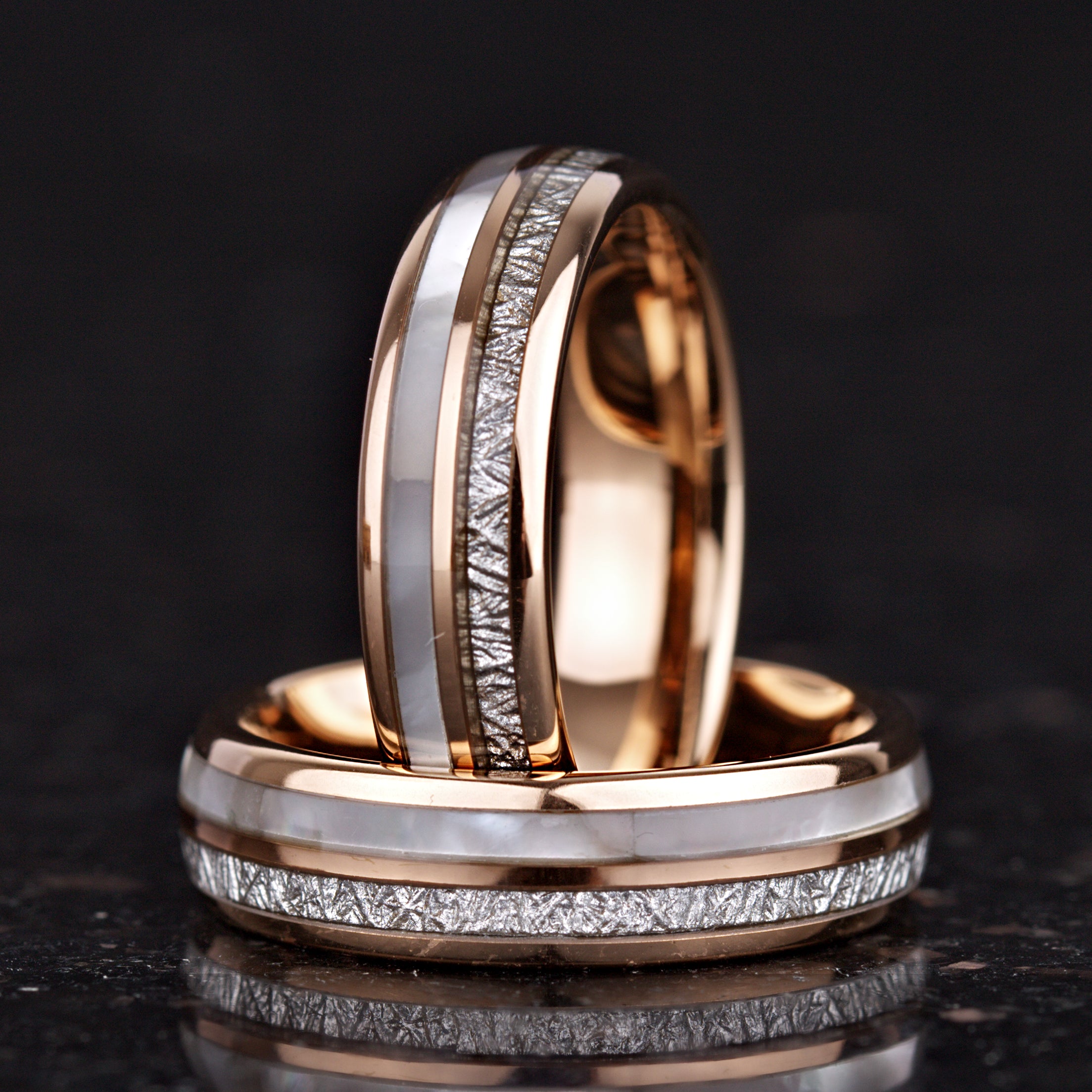 HIS AND HERS RINGS MOTHER OF PEARL METEORITE TUNGSTEN