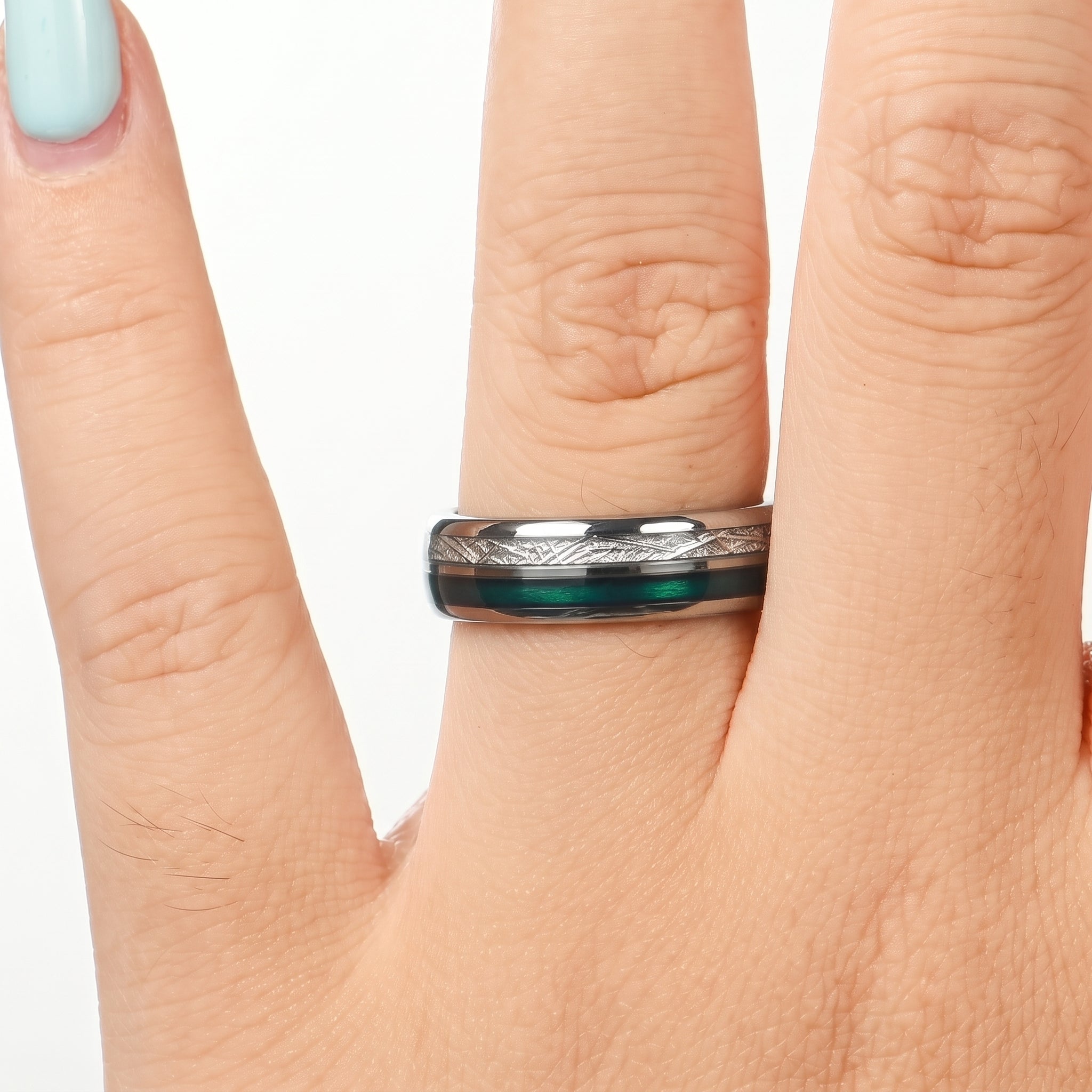 WEDDING RING GREEN AGATE METEORITE & TUNGSTEN UNISEX (6MM)