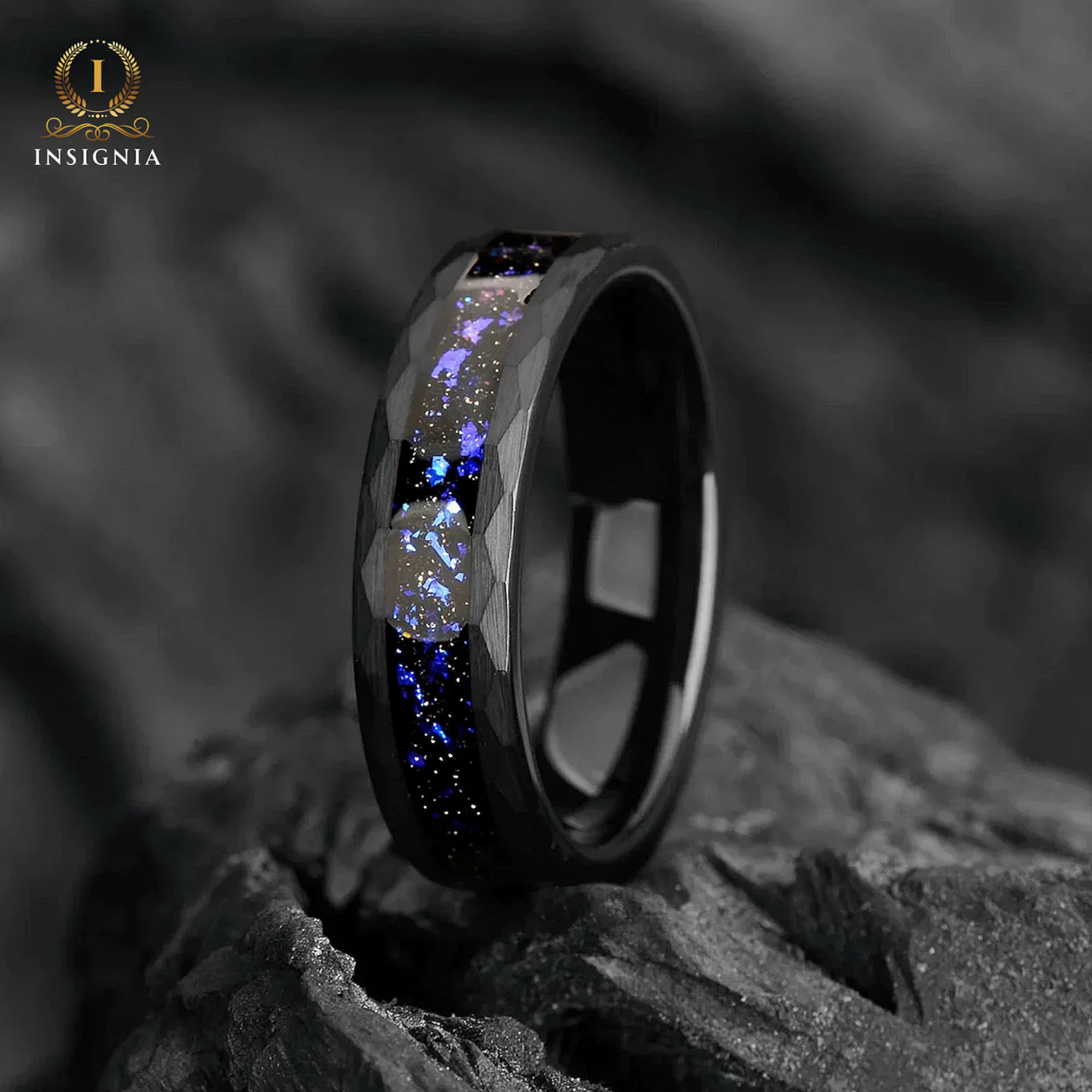 The Orion - Nebula Ring, Men / Womens Wedding Ring 6mm , Black Tungsten Outer Space Ring, Sandstone Hammered Tungsten Ring Womens Wedding Band 4mm - INSIGNIA