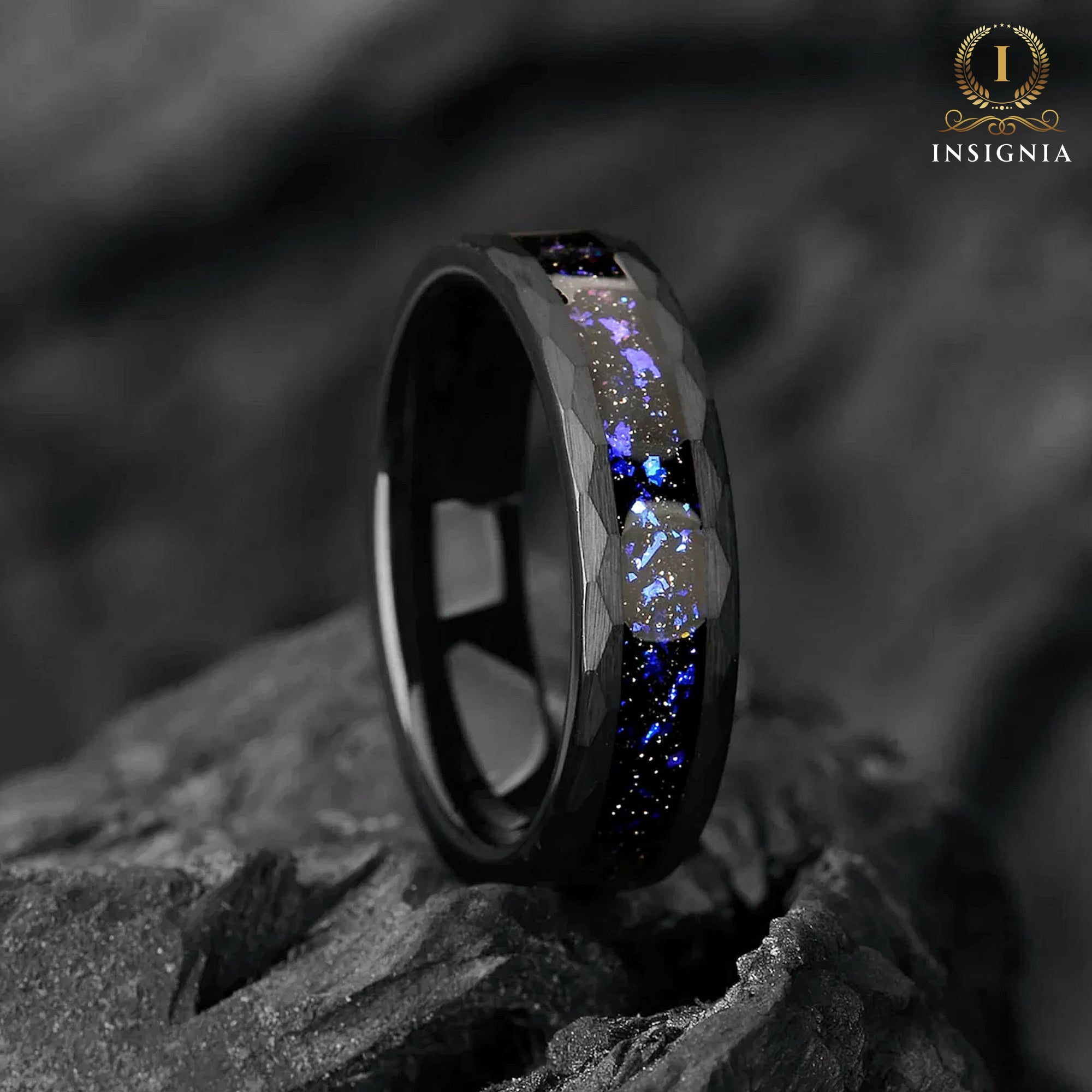 The Orion - Nebula Ring, Men / Womens Wedding Ring 6mm , Black Tungsten Outer Space Ring, Sandstone Hammered Tungsten Ring Womens Wedding Band 4mm - INSIGNIA