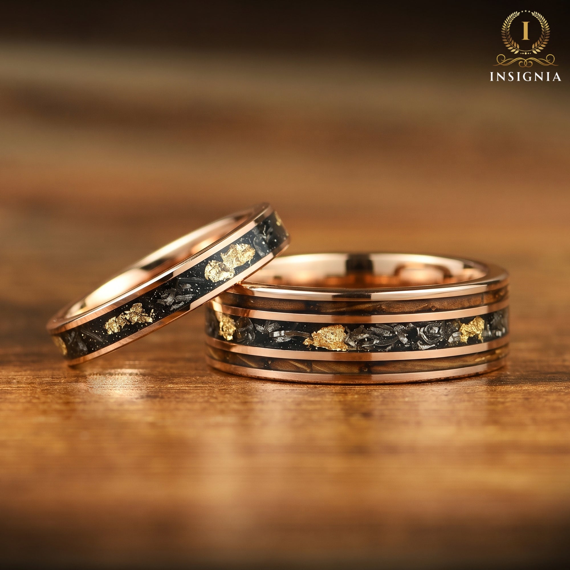 LADIES WEDDING RING REAL METEORITE 18K GOLD LEAF TUNGSTEN (4MM)