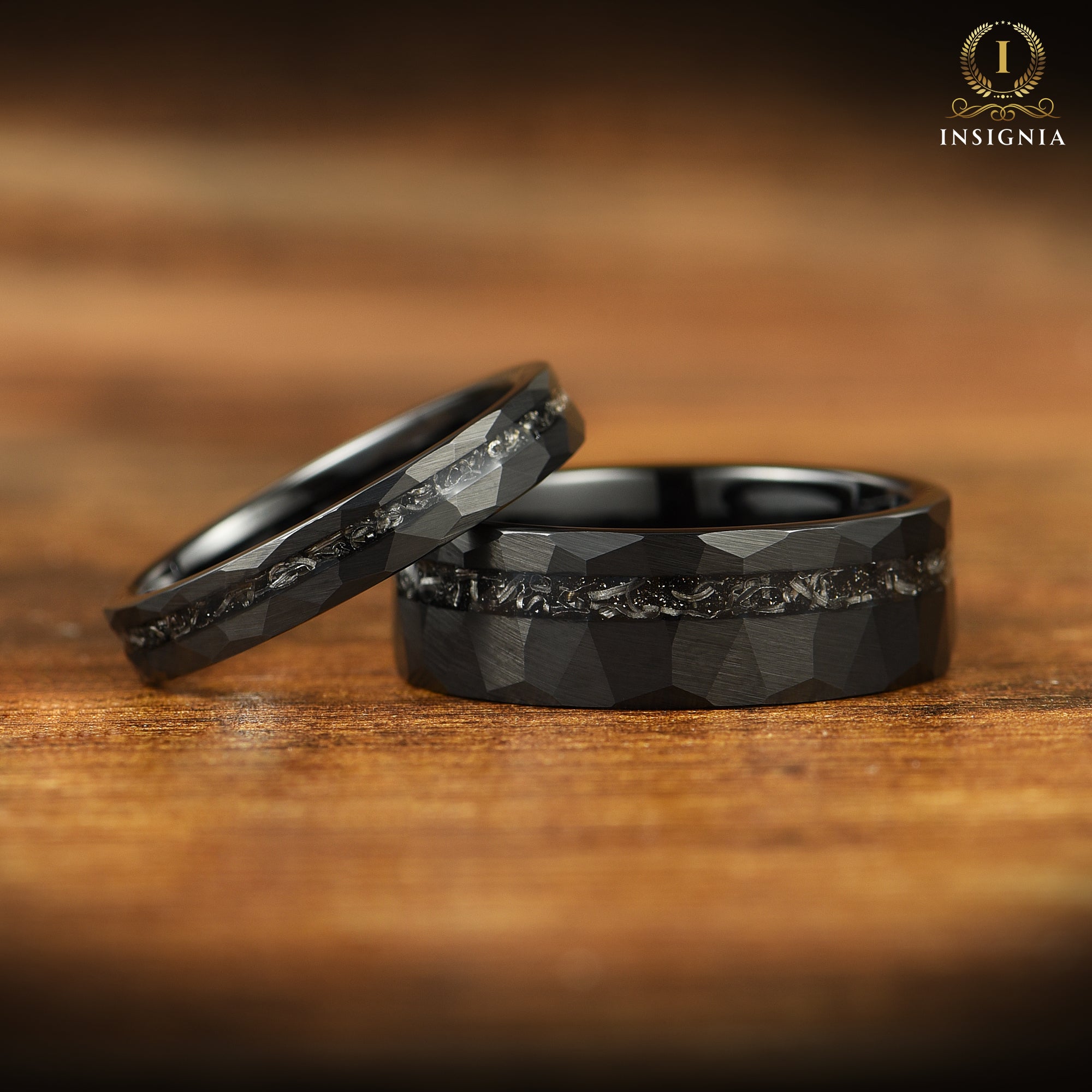 WEDDING RING SET REAL METEORITE TUNGSTEN CARBIDE BLACK (8/4 MM)