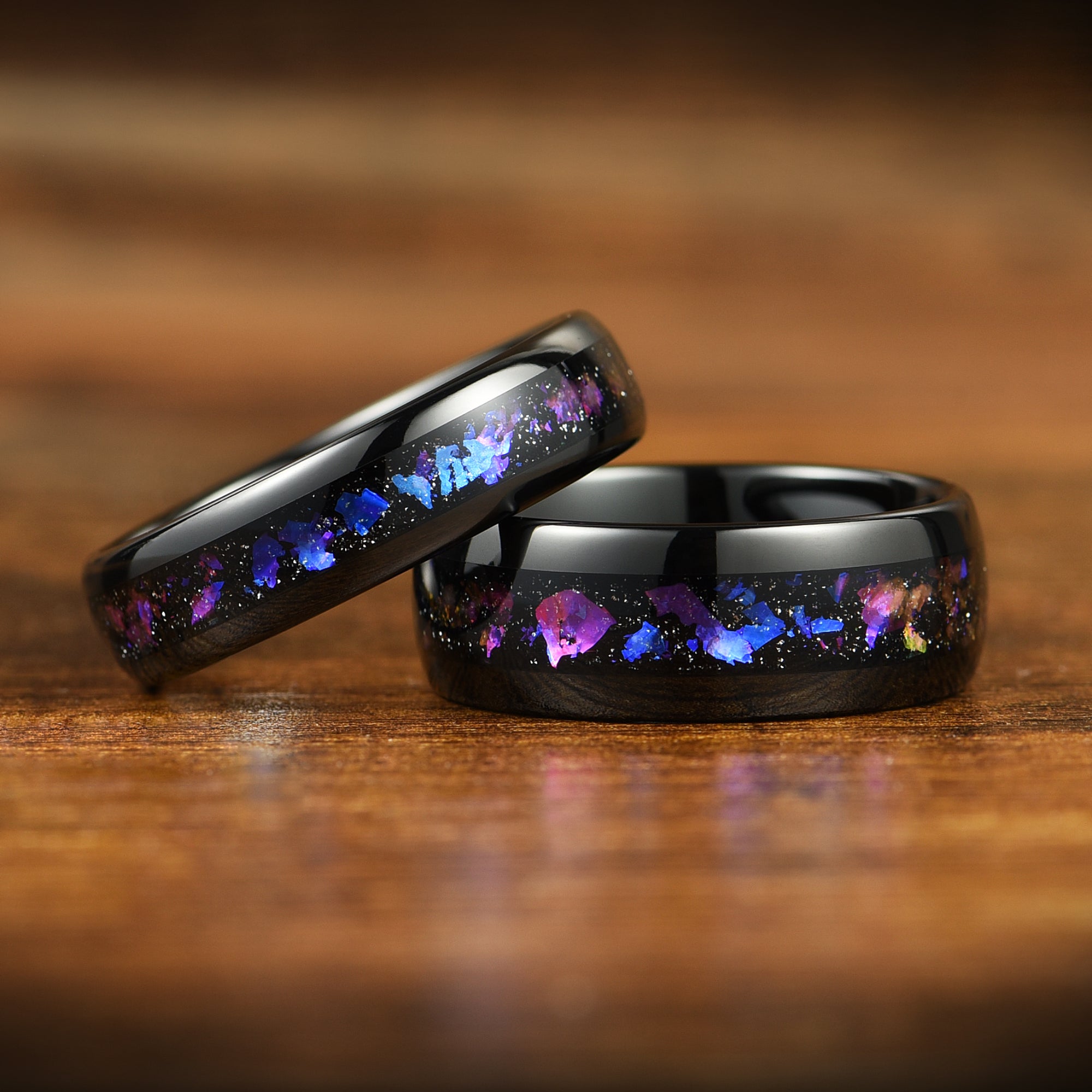 WEDDING RING SET BLACK ORION NEBULA BLUE SANDSTONE TUNGSTEN (8/6MM)