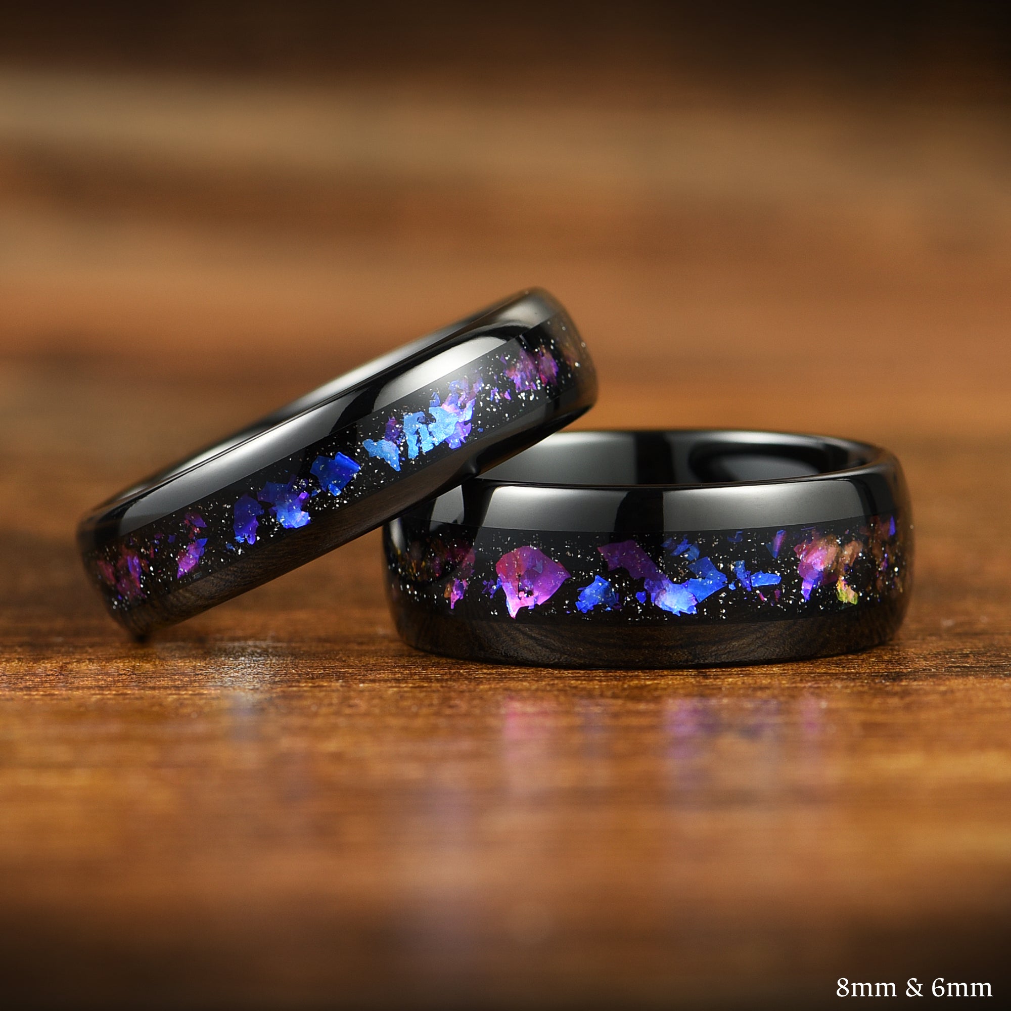 WEDDING RING SET BLACK ORION NEBULA BLUE SANDSTONE TUNGSTEN (8/6MM)