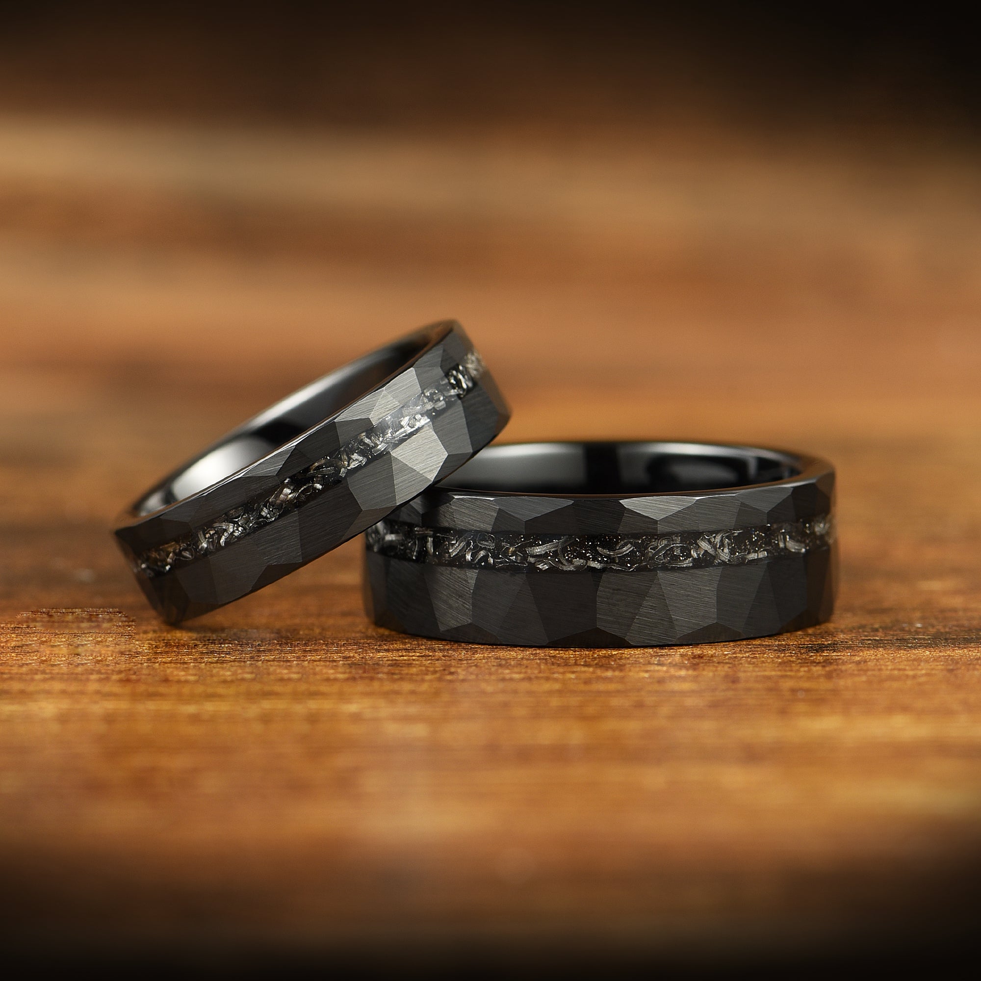 WEDDING RINGS SET REAL METEORITE PREMIUM TUNGSTEN BLACK (8/6 MM)