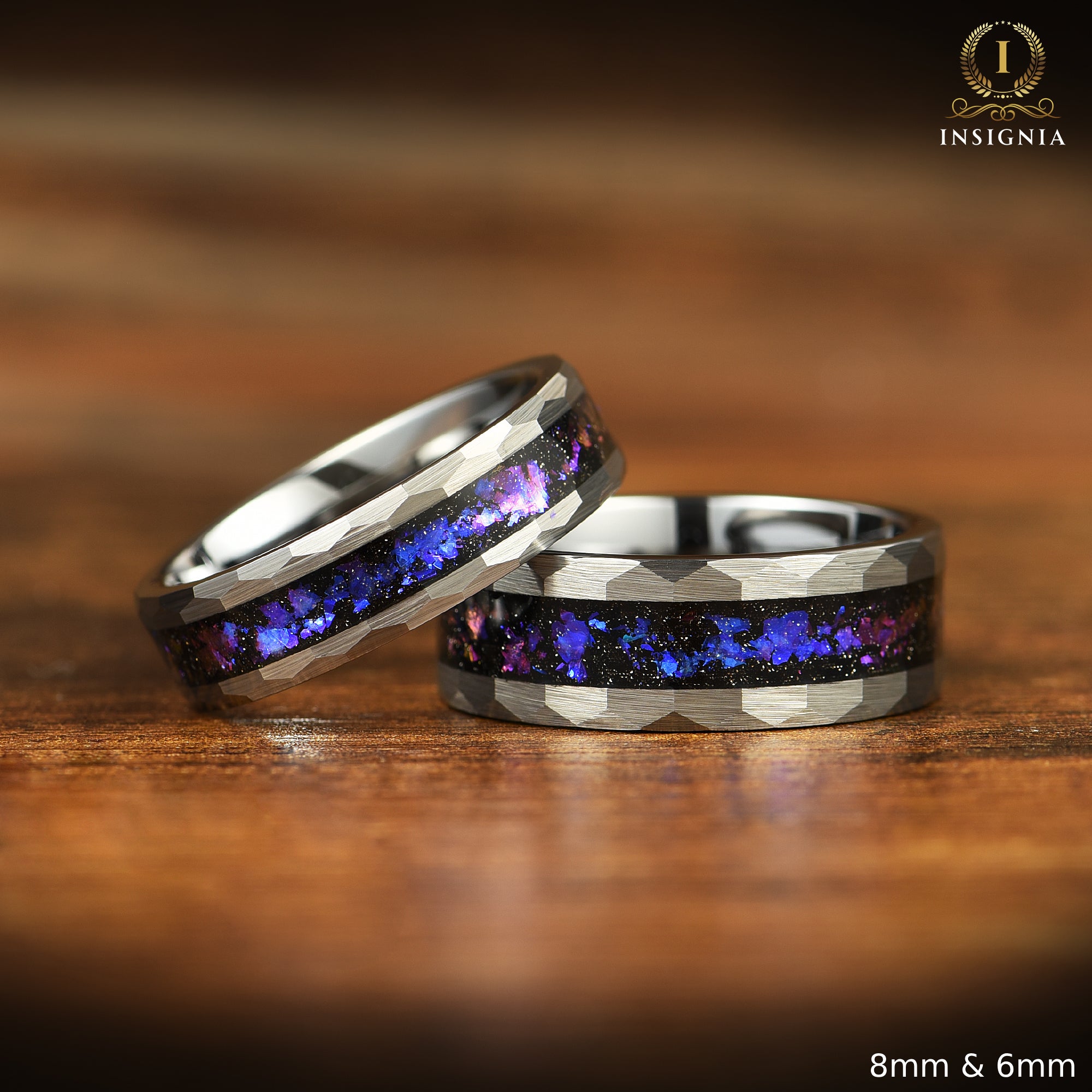 MENS WEDDING RING ORION NEBULA TUNGSTEN SILVER HAMMERED (8MM)